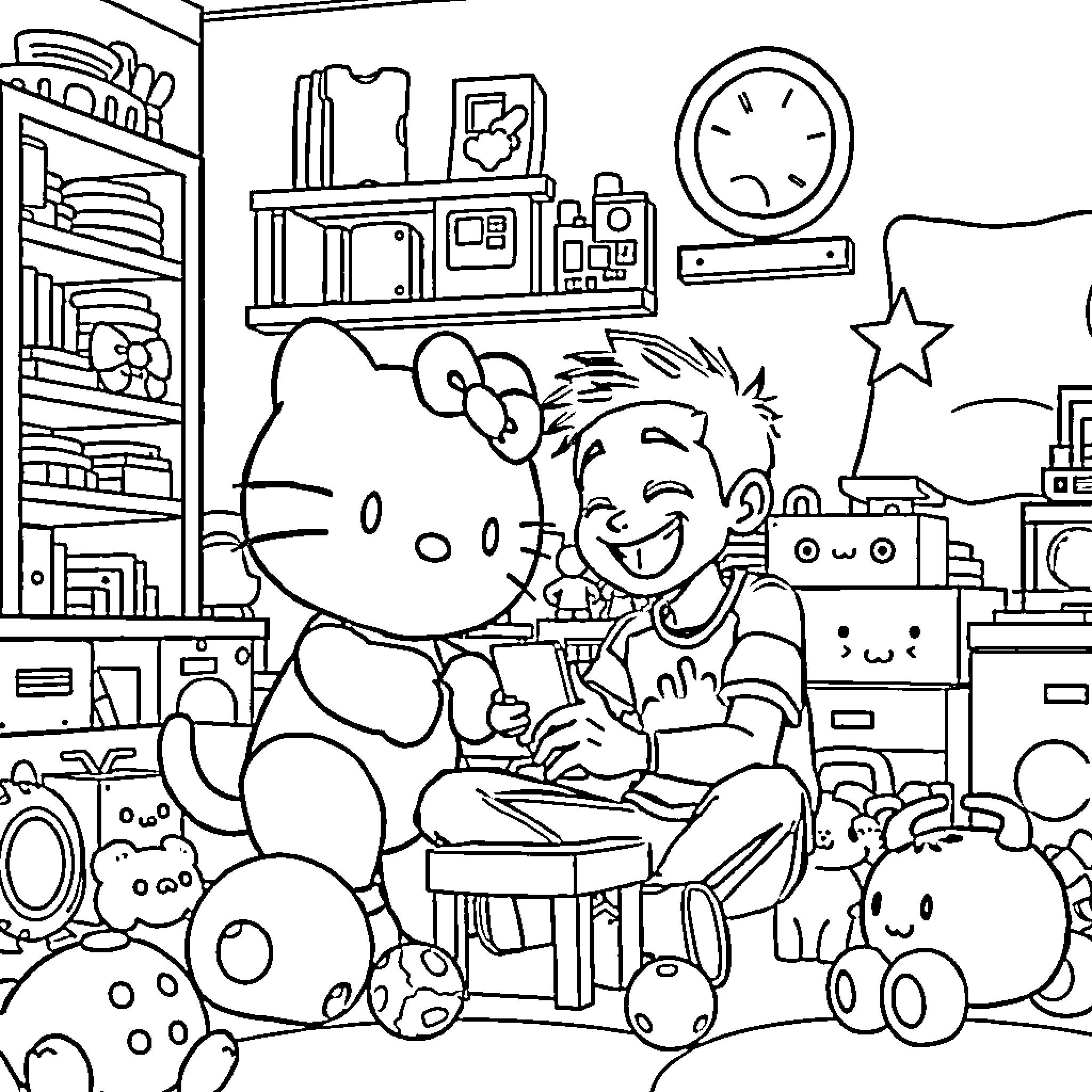 Miles Morales playing with toys in a room Coloring Page (free black-and-white line drawing printable PDF for all, from beginners to advanced learners, including children, teens, adults, and seniors)