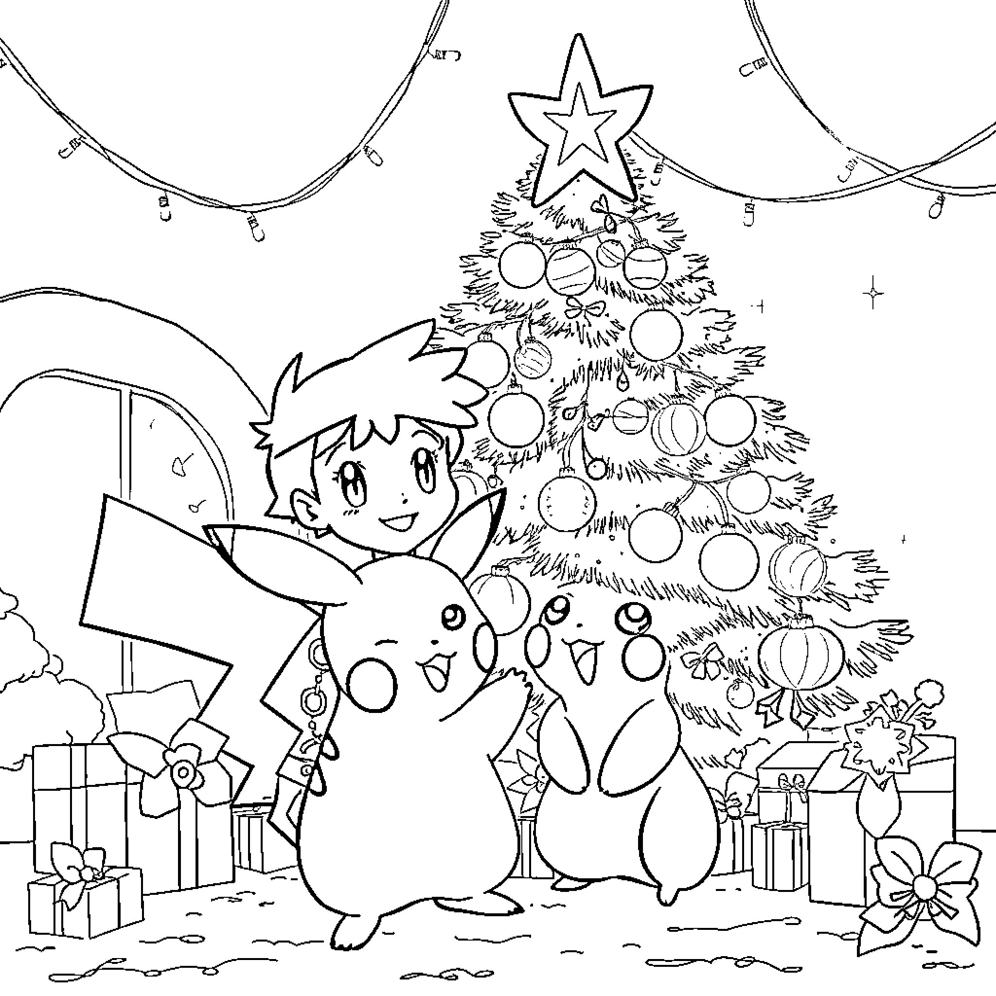Ash and Pokemon Celebrating Christmas Coloring Page (free black-and-white line drawing printable PDF for all, from beginners to advanced learners, including children, teens, adults, and seniors)