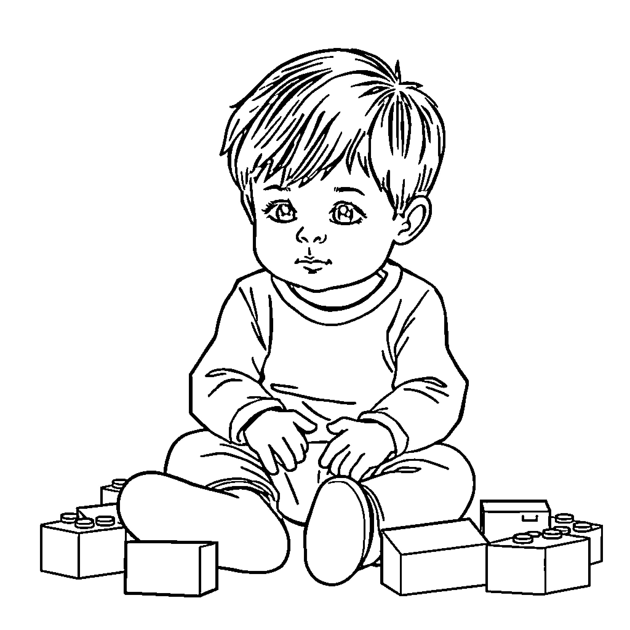 Lego child playing with building blocks Coloring Page (free black-and-white line drawing printable PDF for all, from beginners to advanced learners, including children, teens, adults, and seniors)