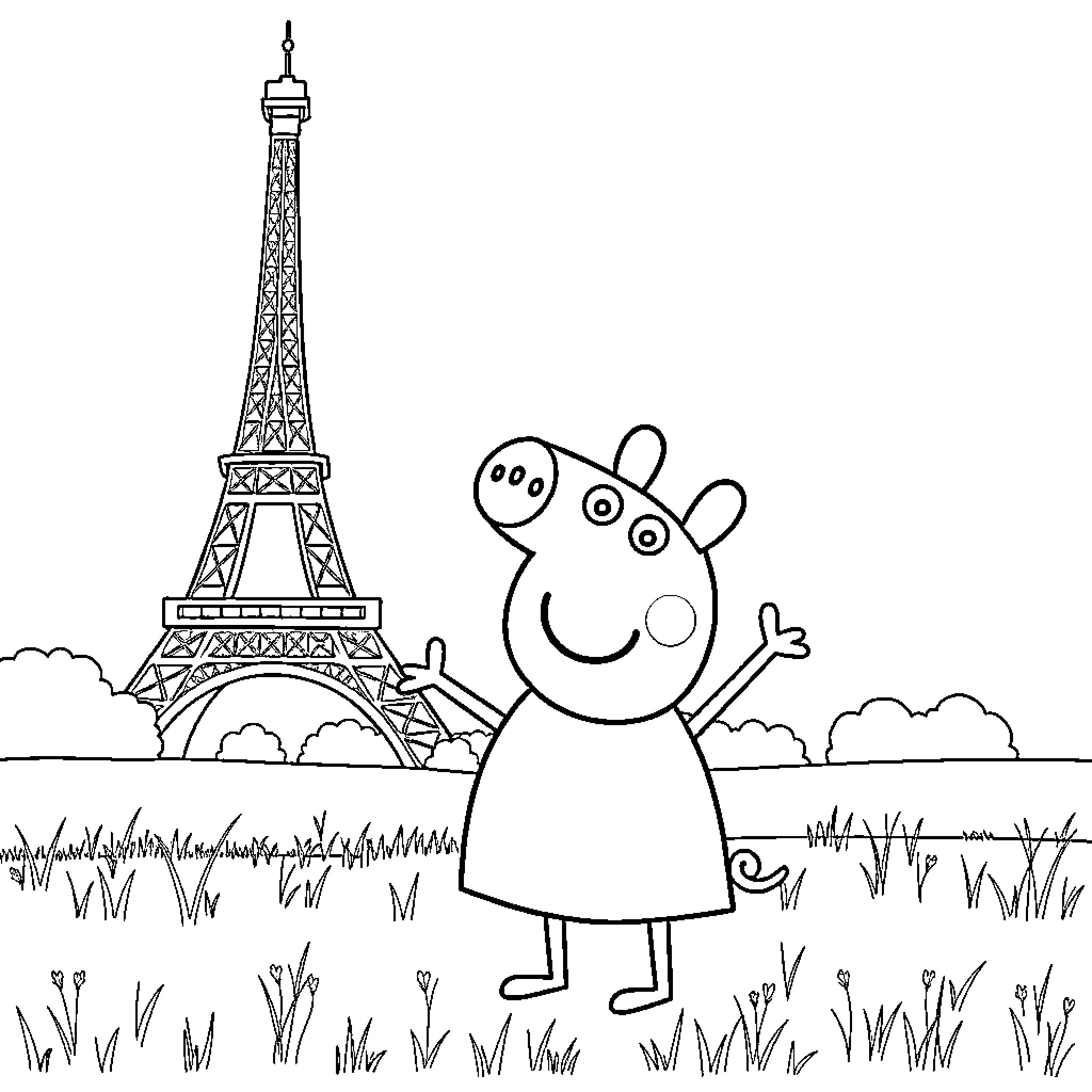 Peppa Pig enjoys a day in Paris Coloring Page (free black-and-white line drawing printable PDF for all, from beginners to advanced learners, including children, teens, adults, and seniors)