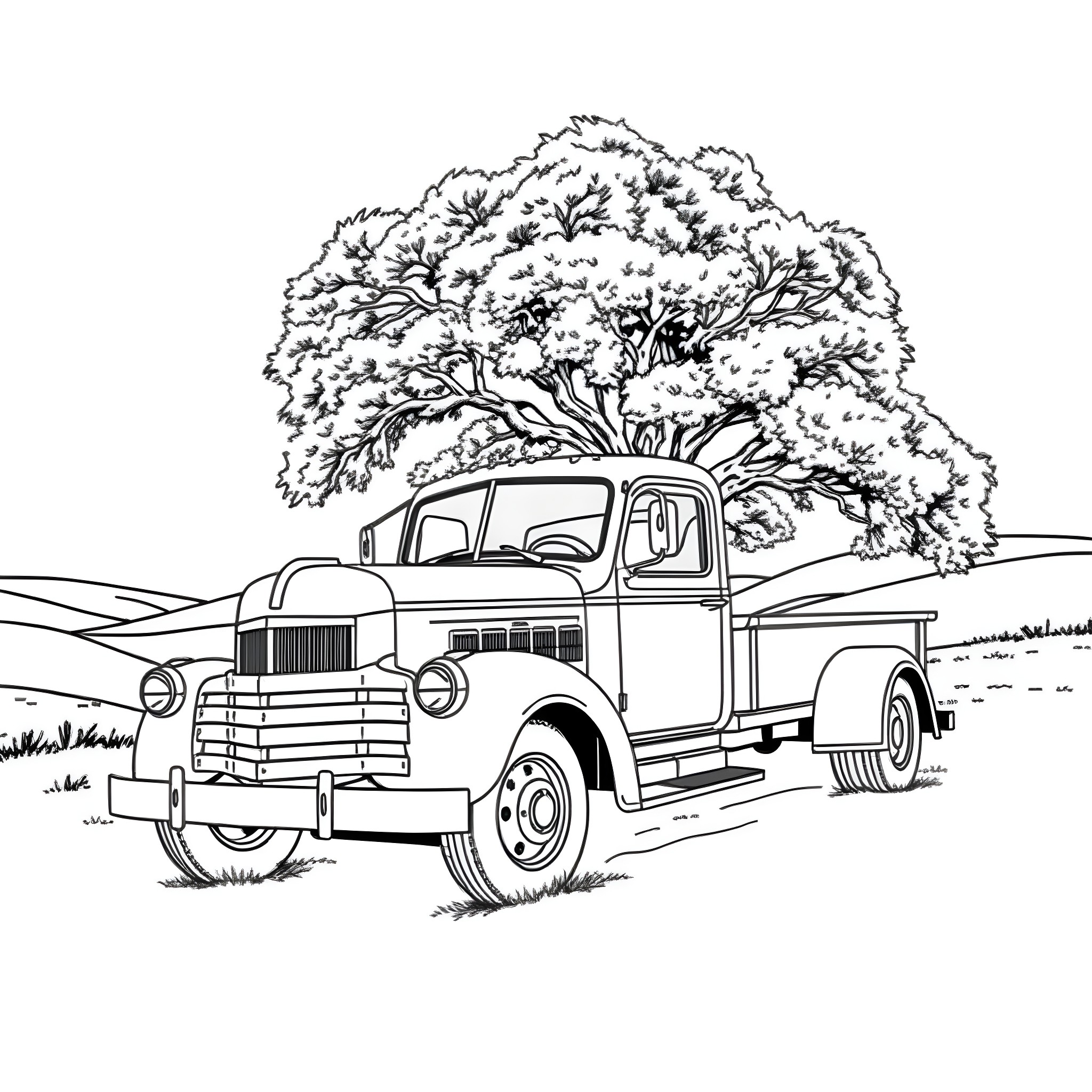 Truck parked under a large tree in the countryside Coloring Page (free black-and-white line drawing printable PDF for all, from beginners to advanced learners, including children, teens, adults, and seniors)