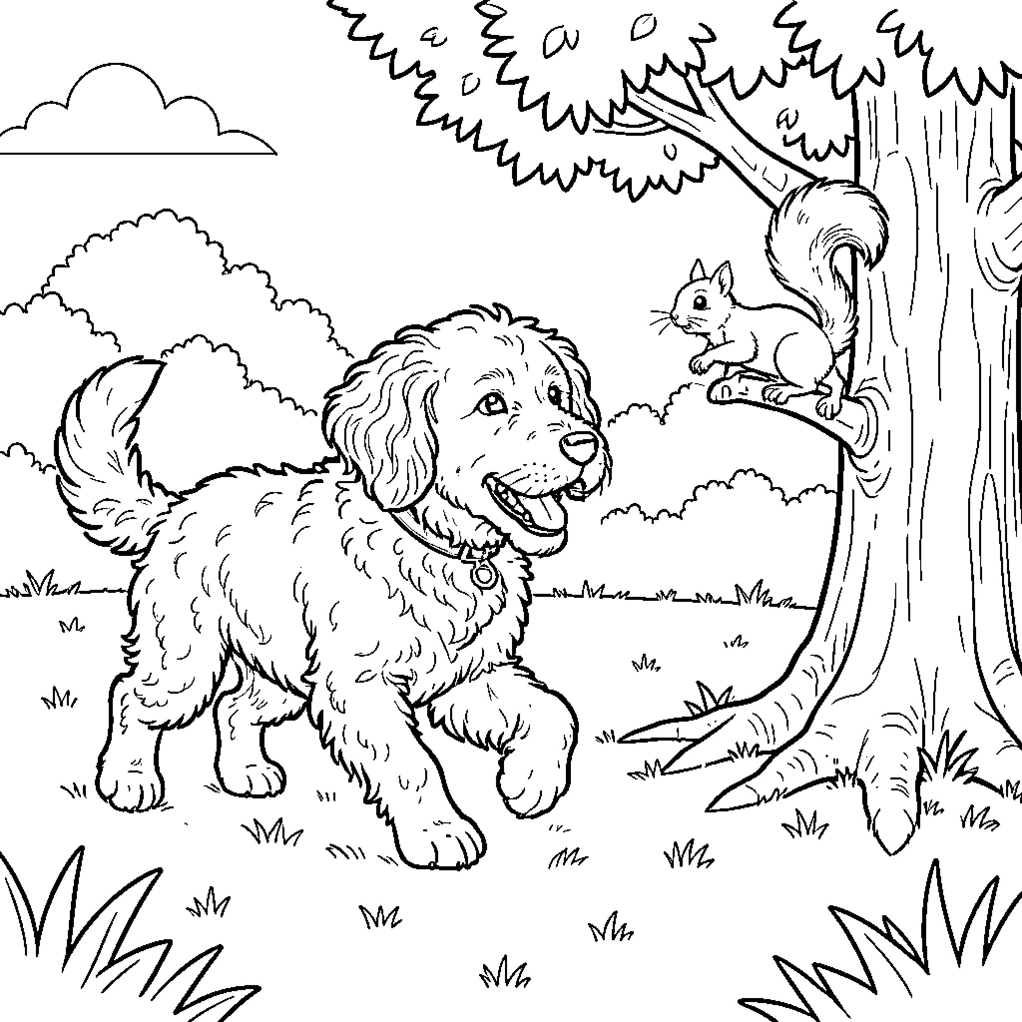Dog exploring nature with a curious squirrel Coloring Page (free black-and-white line drawing printable PDF for all, from beginners to advanced learners, including children, teens, adults, and seniors)