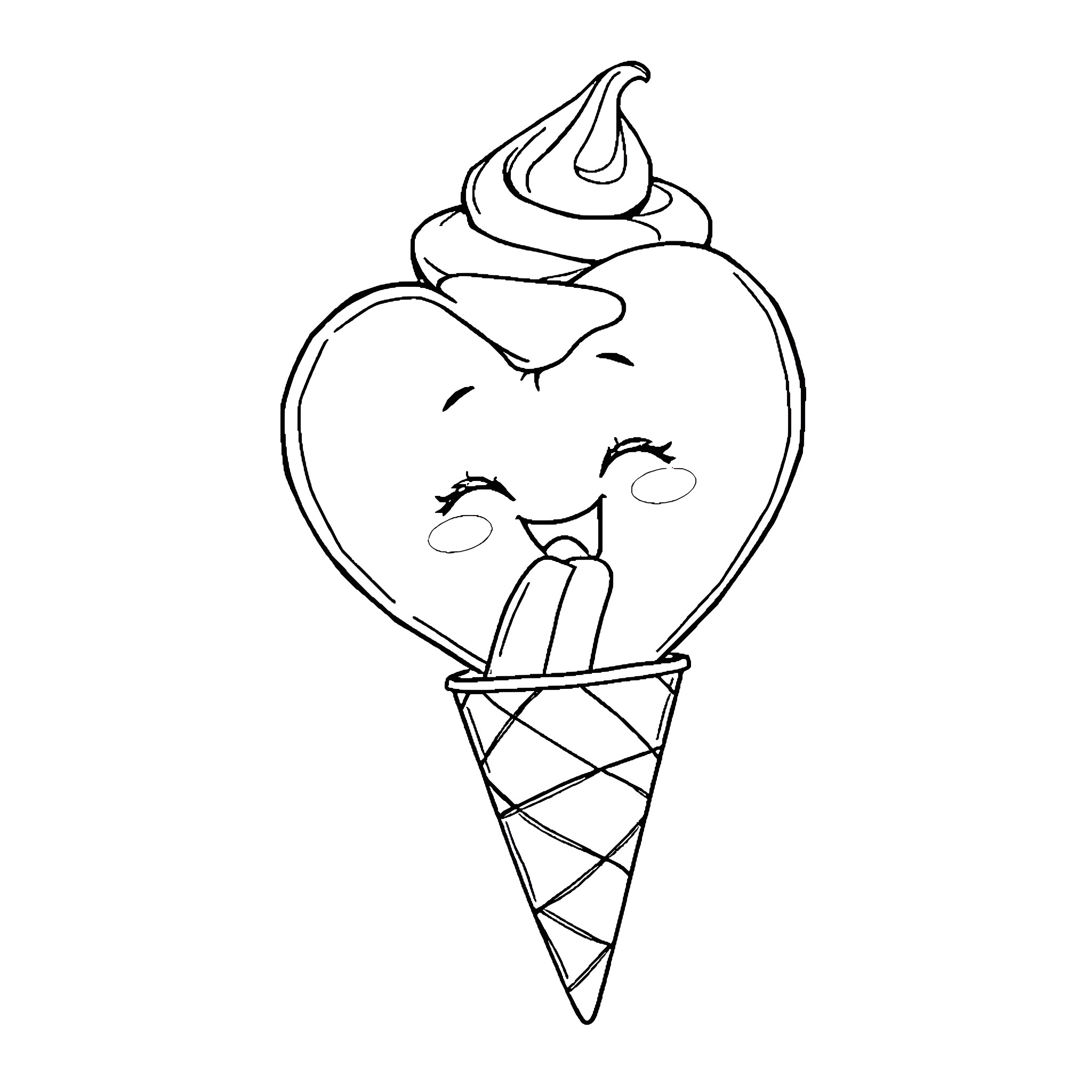 Heart-shaped Ice Cream Cone with Playful Expression Coloring Page (free black-and-white line drawing printable PDF for all, from beginners to advanced learners, including children, teens, adults, and seniors)