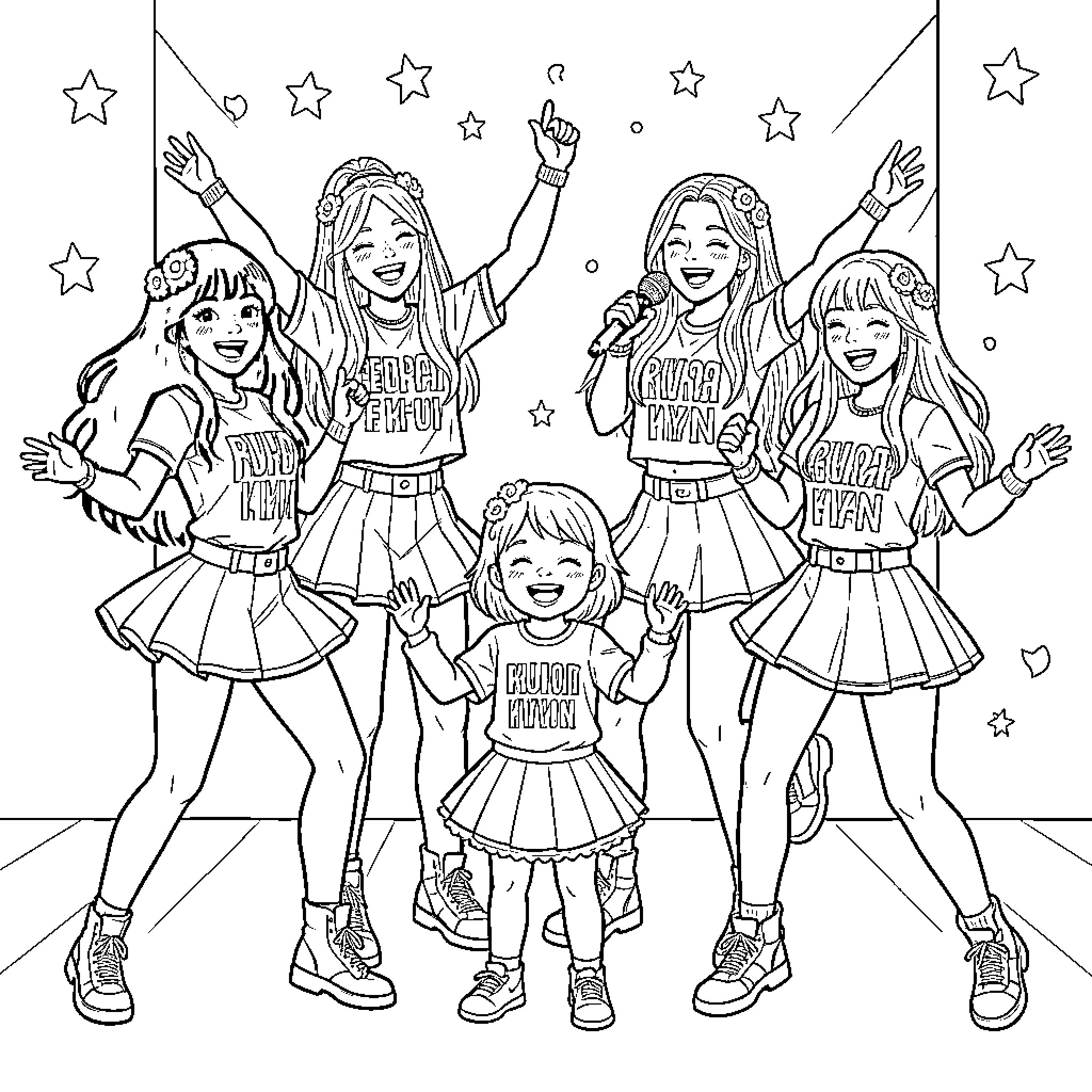 K Pop Stars Performing on Stage with Enthusiasm Coloring Page (free black-and-white line drawing printable PDF for all, from beginners to advanced learners, including children, teens, adults, and seniors)
