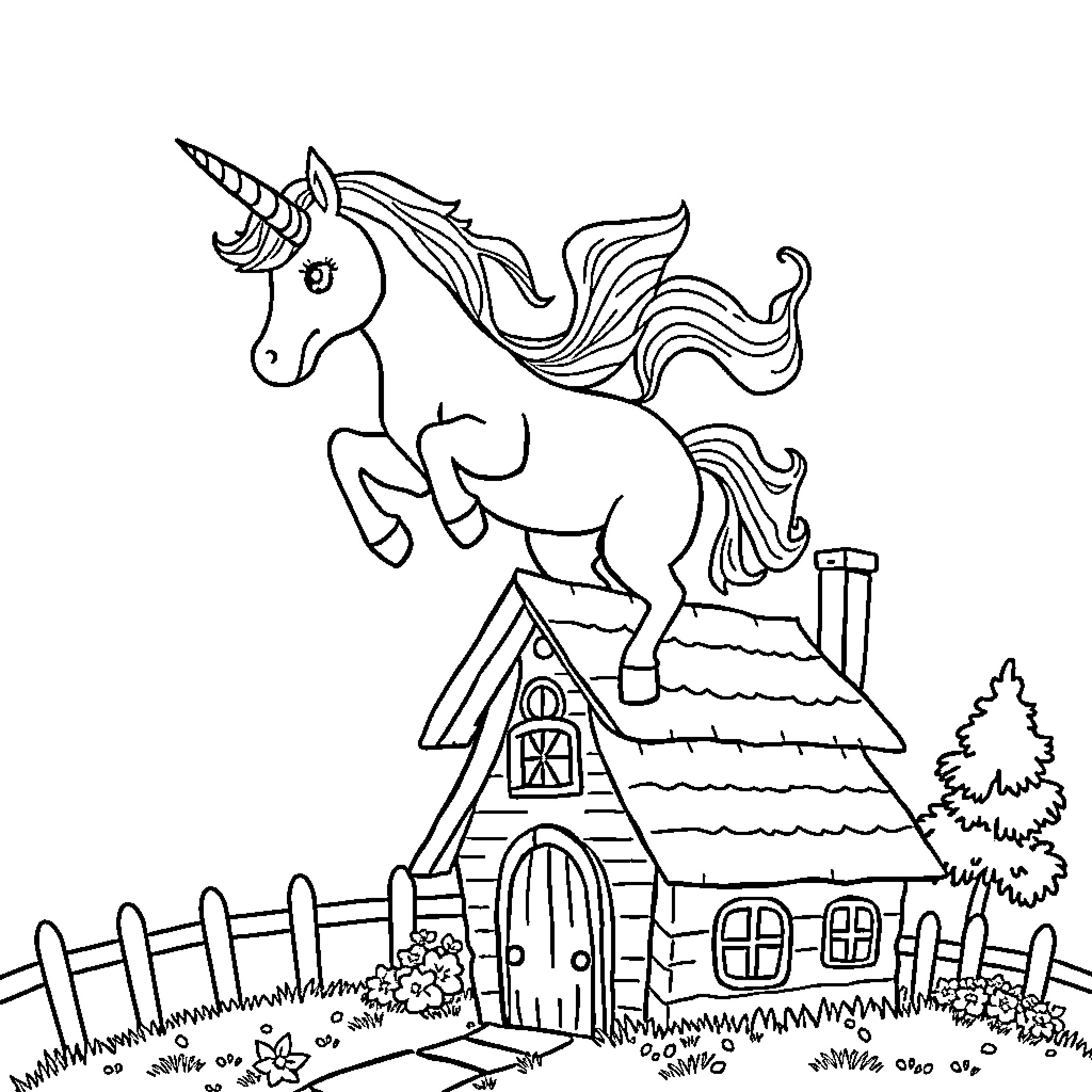 Unicorn galloping over a charming cottage Coloring Page (free black-and-white line drawing printable PDF for all, from beginners to advanced learners, including children, teens, adults, and seniors)