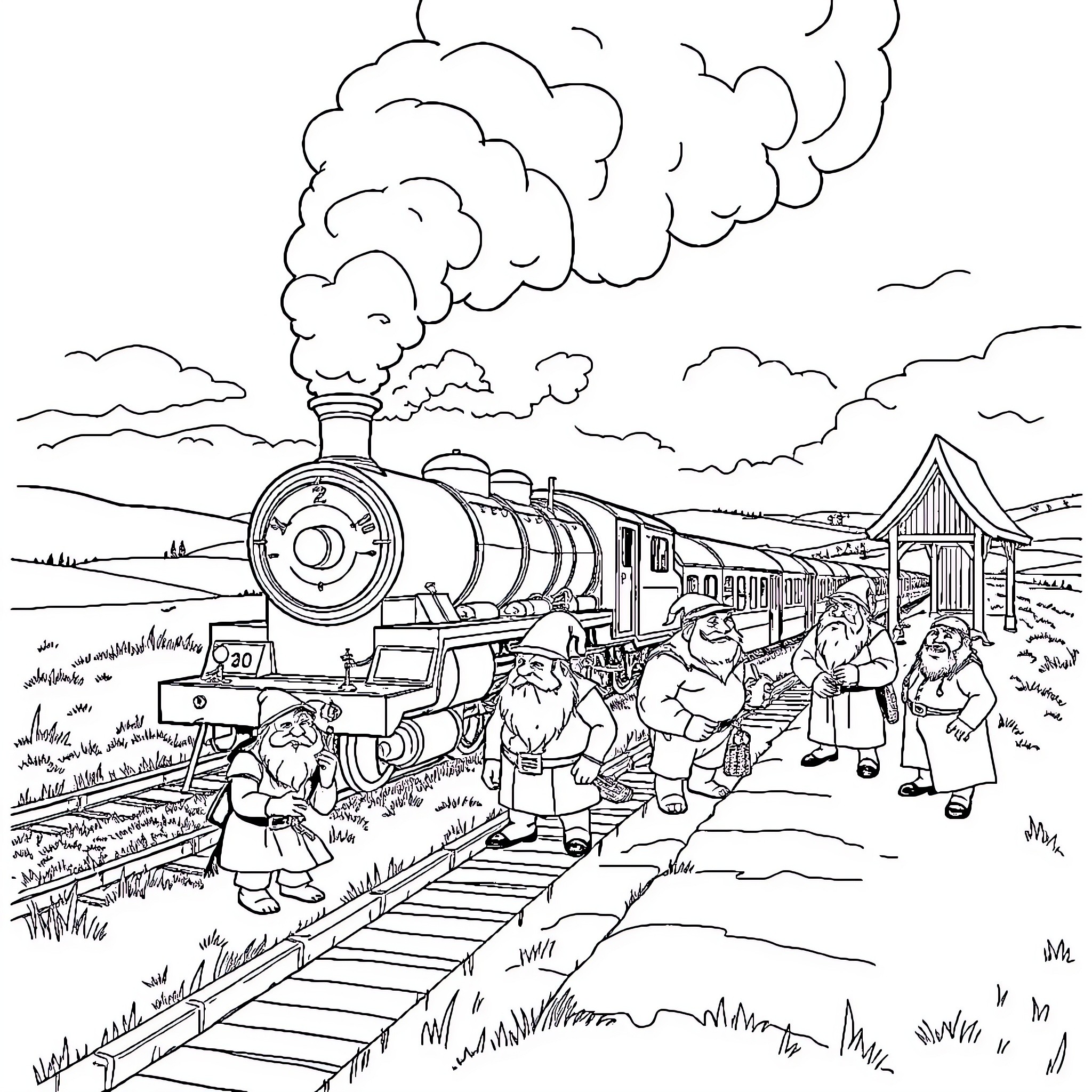 Steam Train Carrying Passengers at Rural Station Coloring Page (free black-and-white line drawing printable PDF for all, from beginners to advanced learners, including children, teens, adults, and seniors)