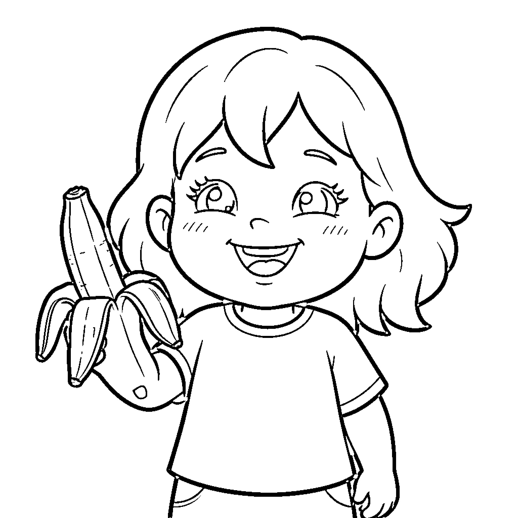 Mignon smiling girl holding a peeled banana Coloring Page (free black-and-white line drawing printable PDF for all, from beginners to advanced learners, including children, teens, adults, and seniors)