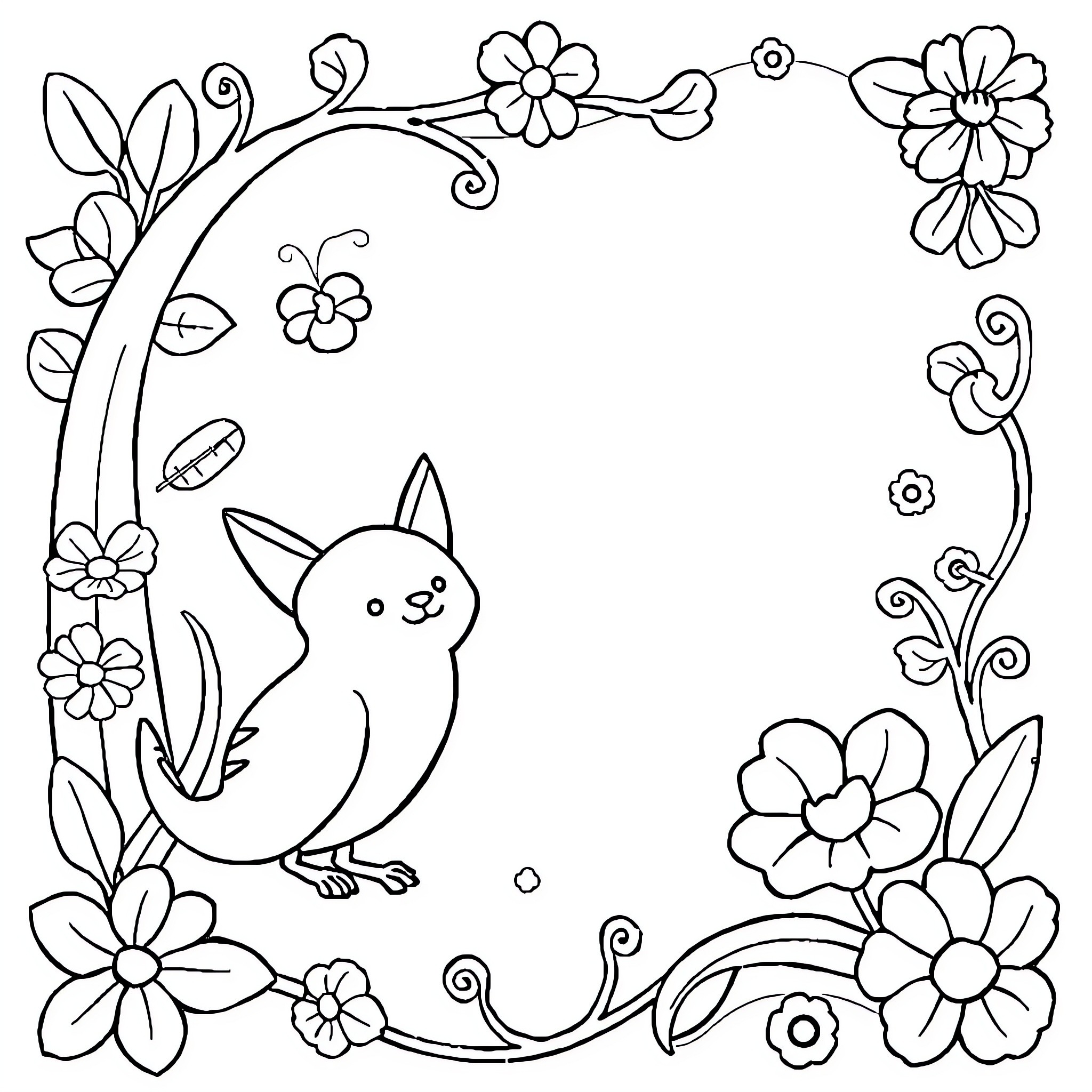 Letter L: Floral frame with playful animal Coloring Page (free black-and-white line drawing printable PDF for all, from beginners to advanced learners, including children, teens, adults, and seniors)