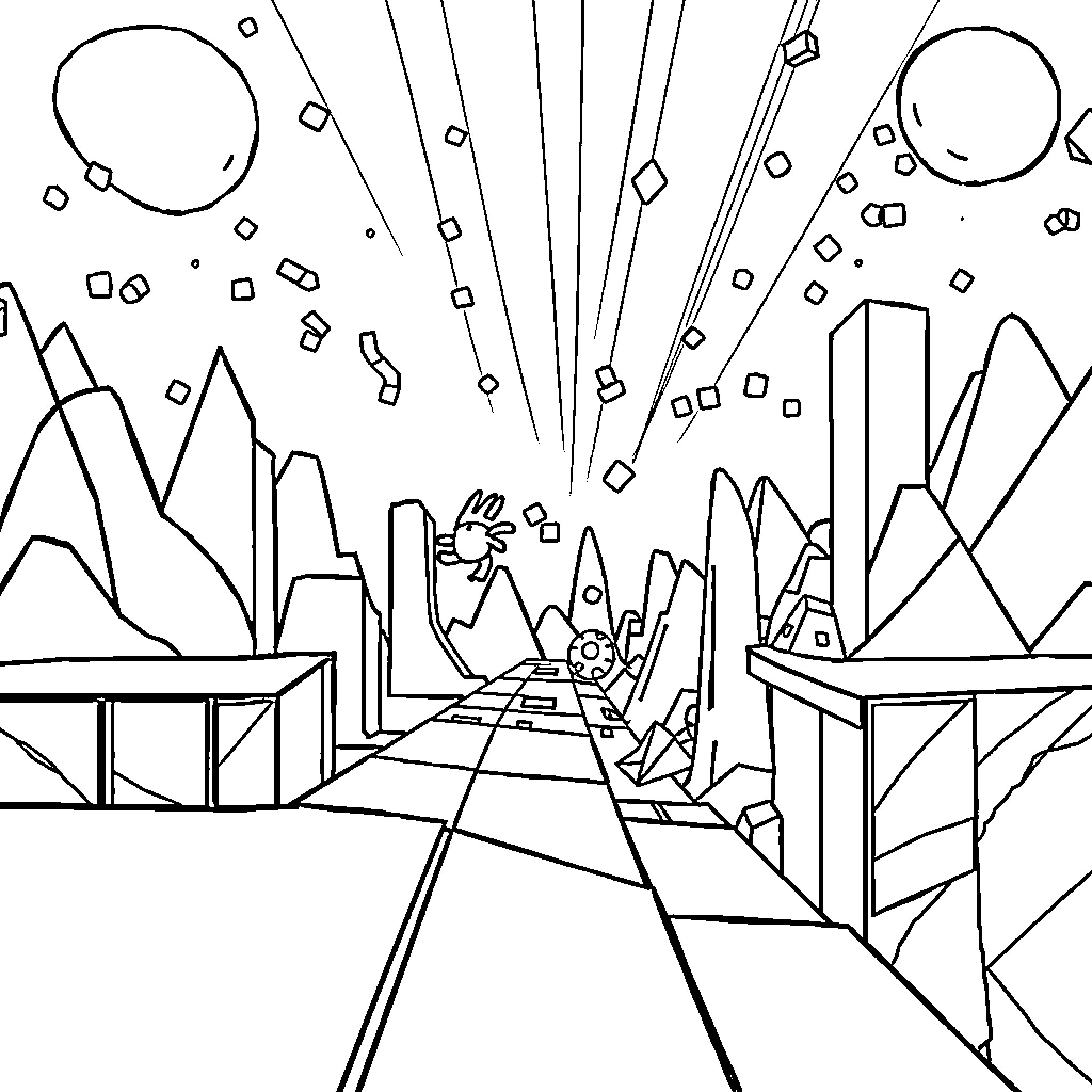 Geometry Dash: Futuristic Landscapes and Obstacles Coloring Page (free black-and-white line drawing printable PDF for all, from beginners to advanced learners, including children, teens, adults, and seniors)