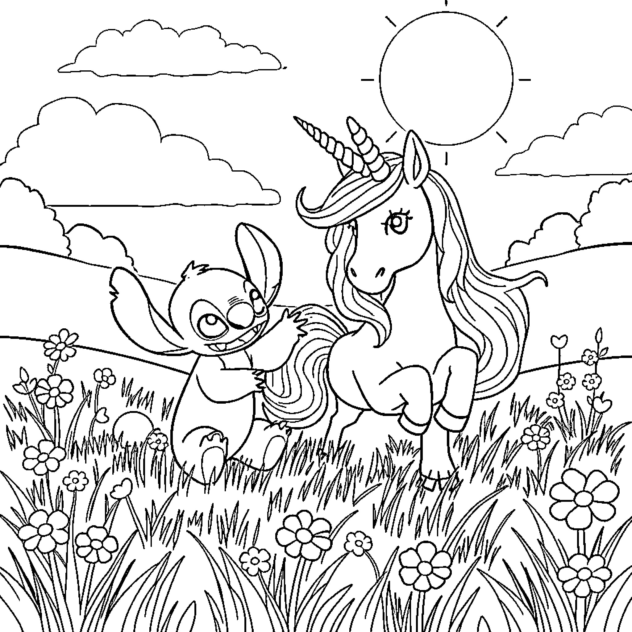 Stitch and Unicorn Frolicking in Meadow Coloring Page (free black-and-white line drawing printable PDF for all, from beginners to advanced learners, including children, teens, adults, and seniors)