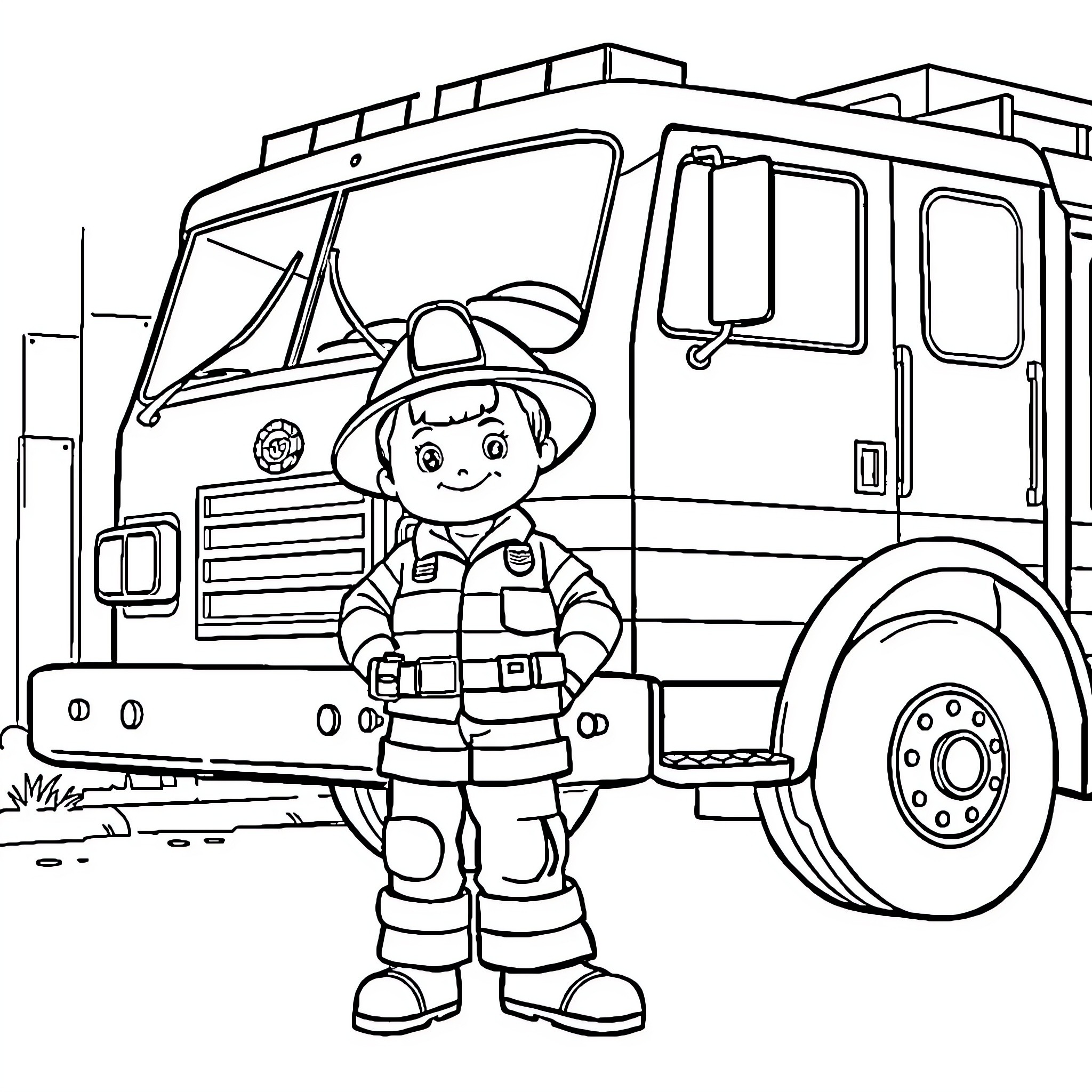 Firefighter assisting with emergency response vehicle Coloring Page (free black-and-white line drawing printable PDF for all, from beginners to advanced learners, including children, teens, adults, and seniors)