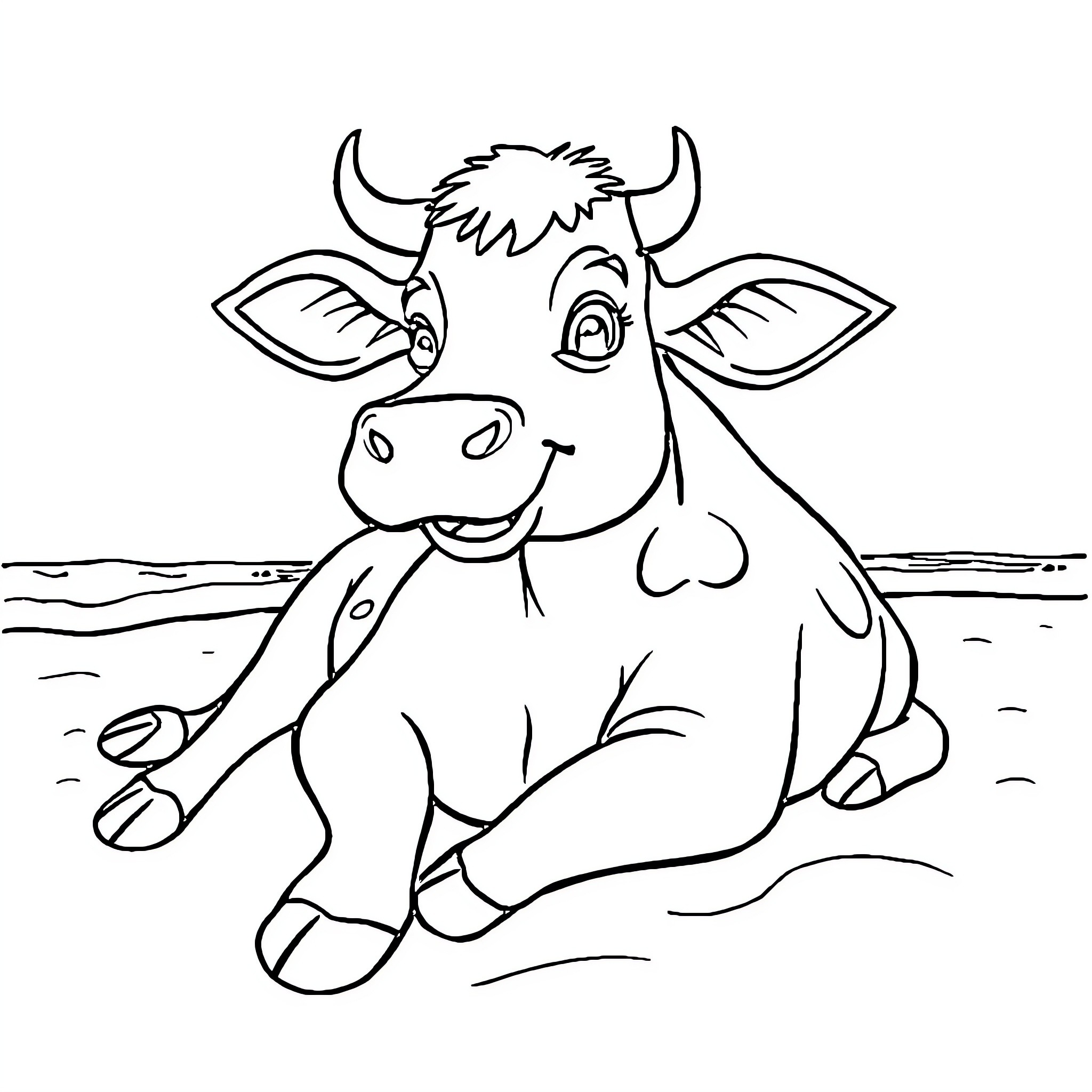 Cow resting peacefully in the field Coloring Page (free black-and-white line drawing printable PDF for all, from beginners to advanced learners, including children, teens, adults, and seniors)