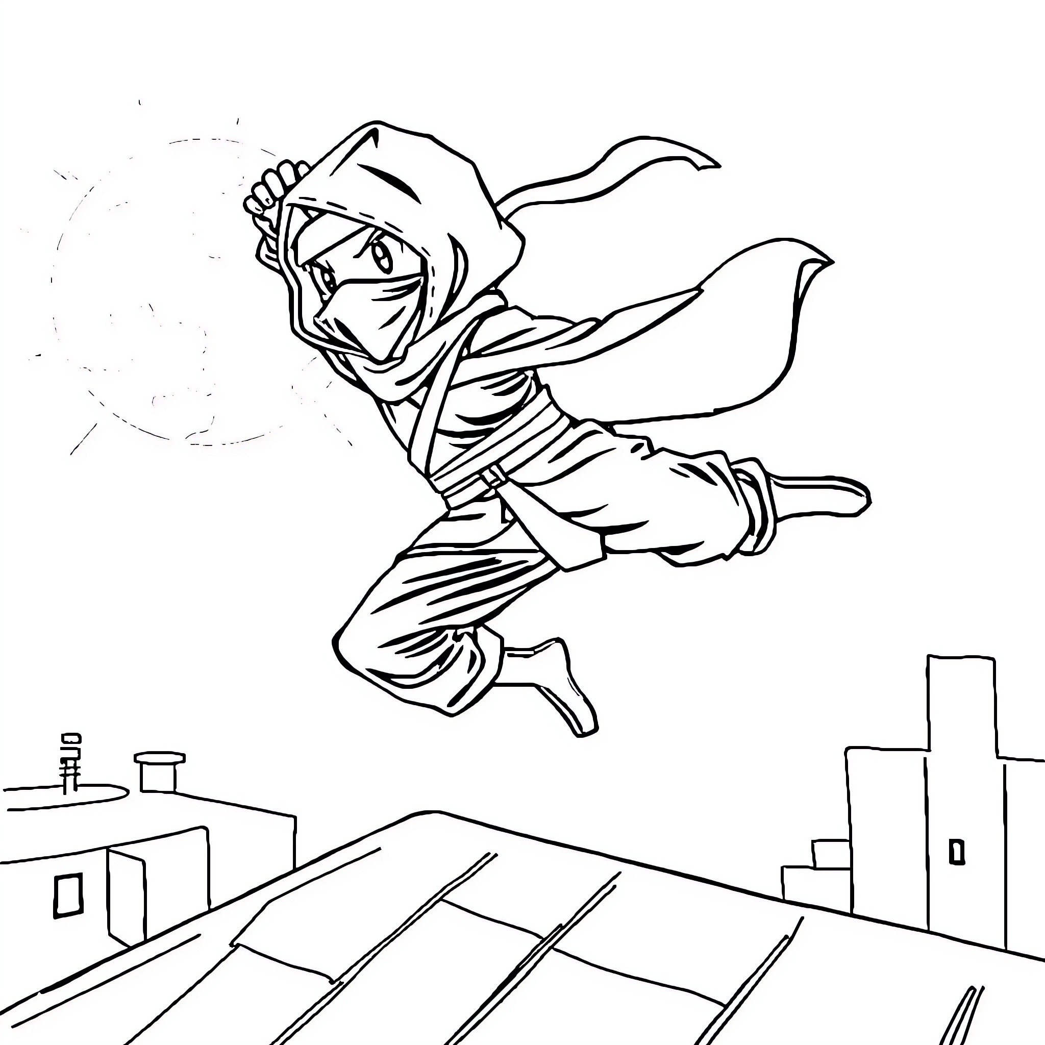 Ninja Leaping Through Urban Cityscape Coloring Page (free black-and-white line drawing printable PDF for all, from beginners to advanced learners, including children, teens, adults, and seniors)