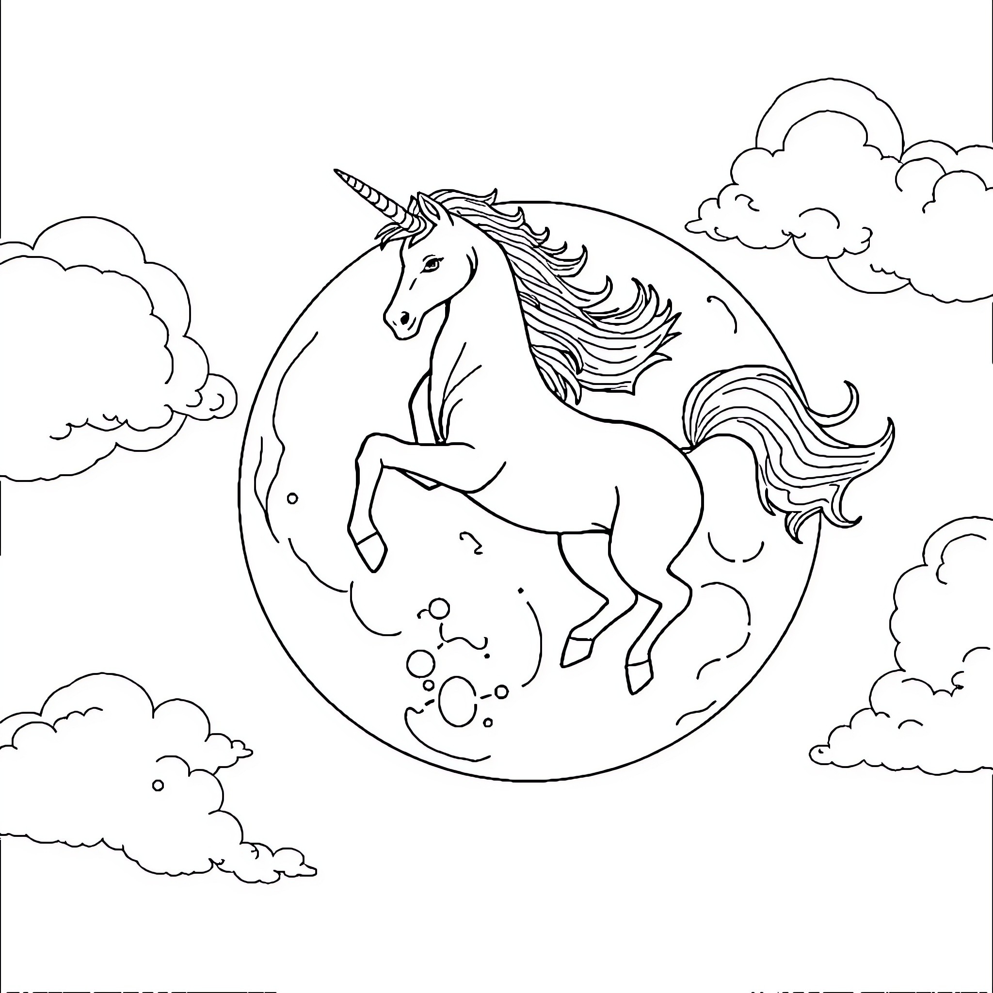 Unicorn leaping gracefully among clouds Coloring Page (free black-and-white line drawing printable PDF for all, from beginners to advanced learners, including children, teens, adults, and seniors)