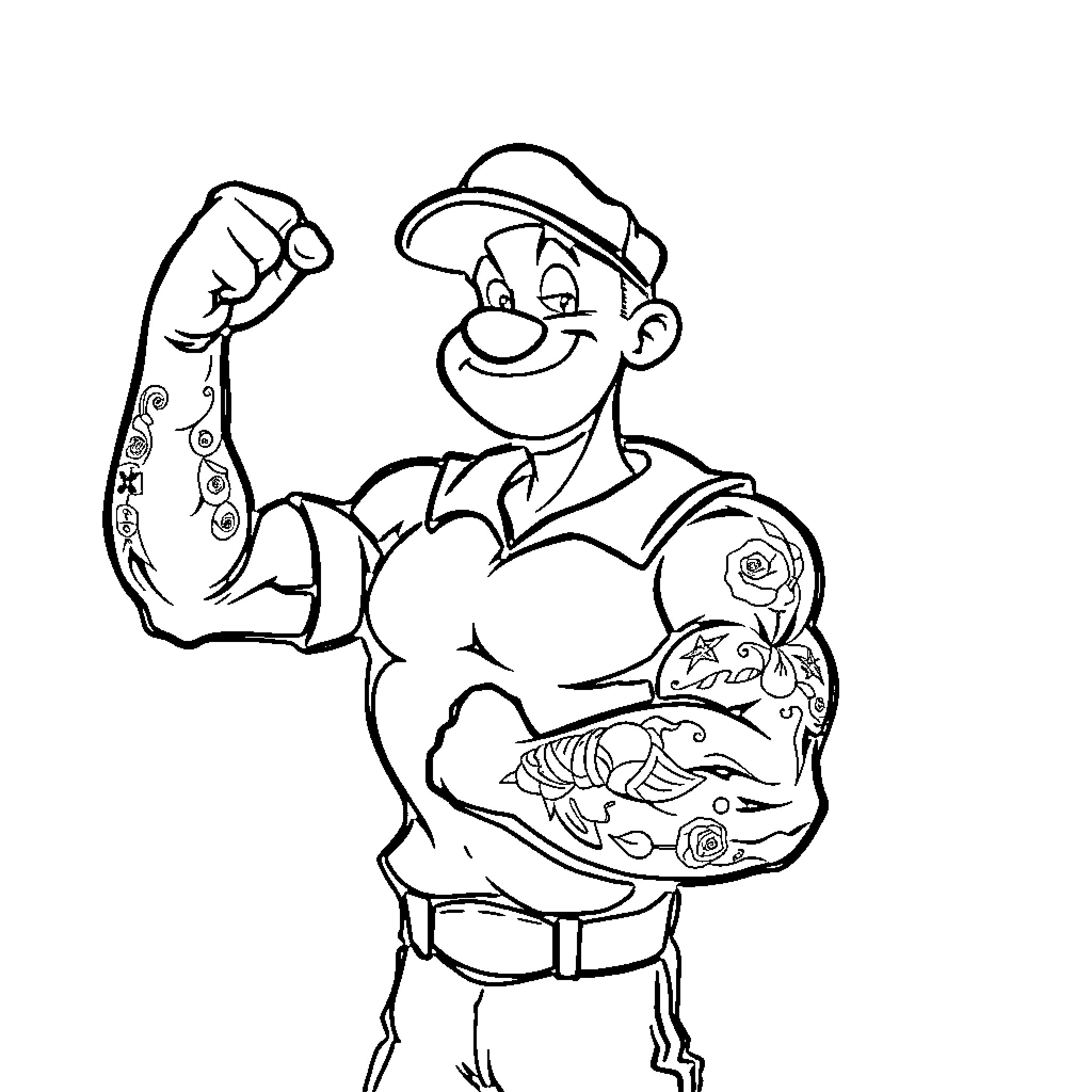 Popeye the Sailor Man Flexing His Muscles Coloring Page (free black-and-white line drawing printable PDF for all, from beginners to advanced learners, including children, teens, adults, and seniors)