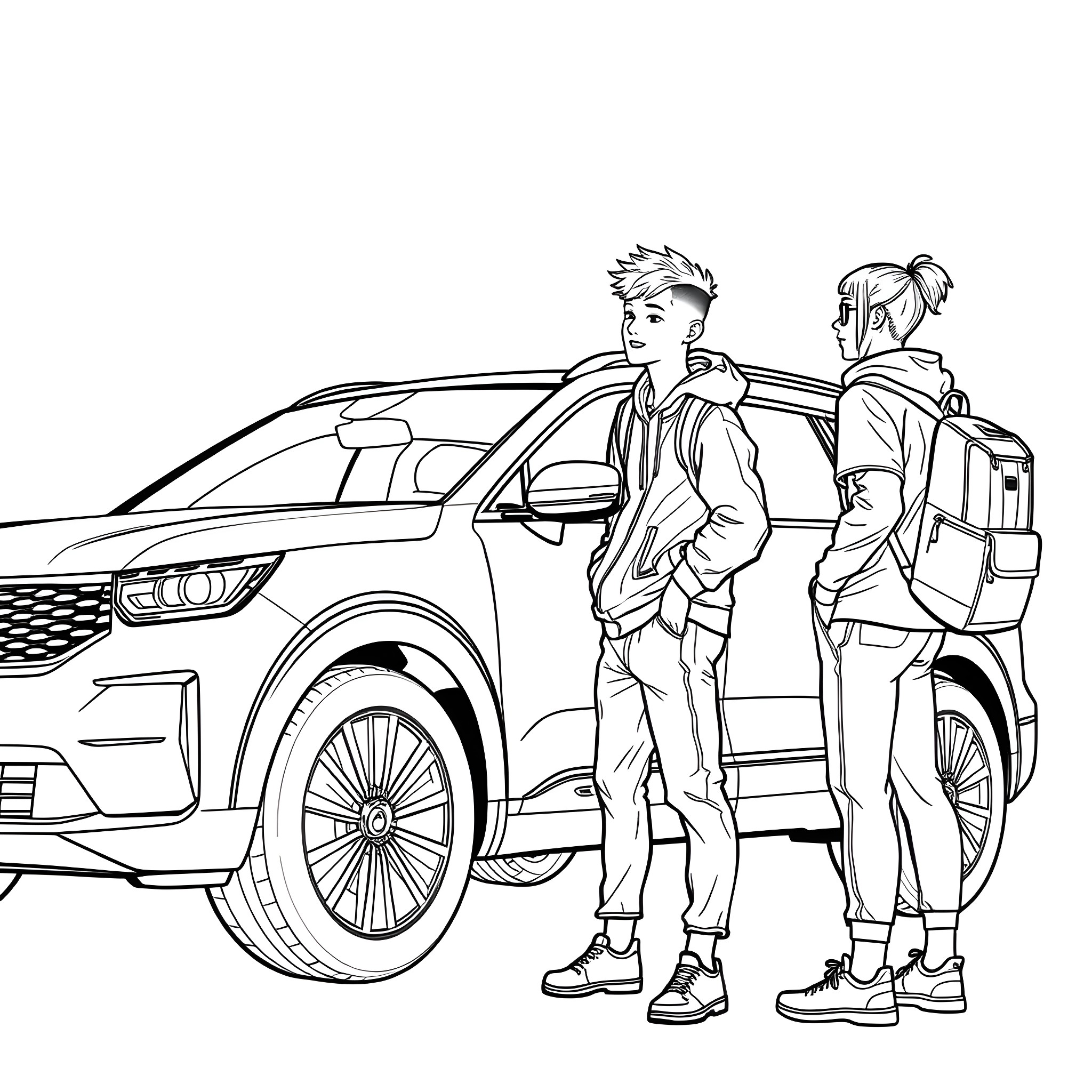 Teen Guy and Friend Hanging Out by Car Coloring Page (free black-and-white line drawing printable PDF for all, from beginners to advanced learners, including children, teens, adults, and seniors)