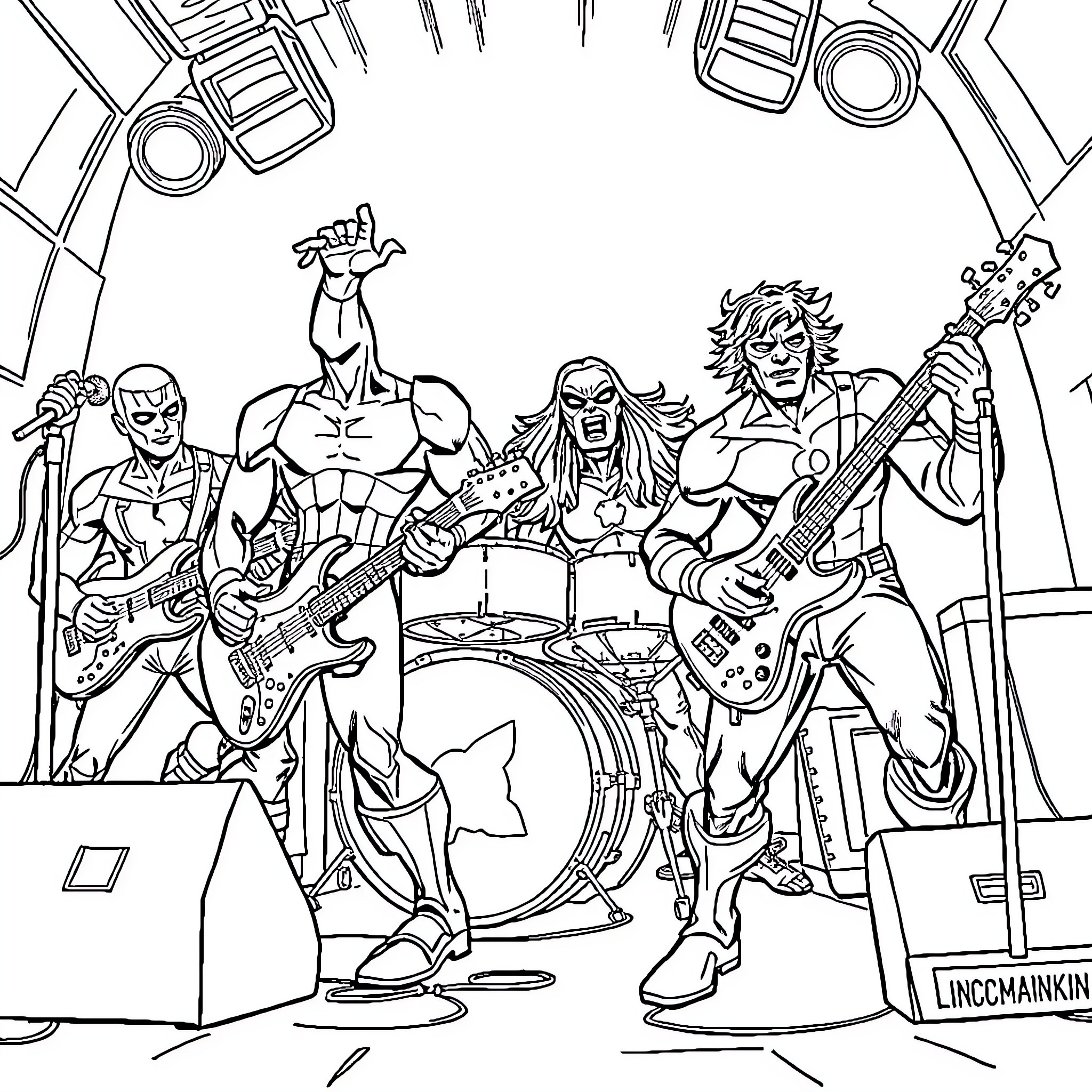 Superhero Rock Band Performing on Stage Coloring Page (free black-and-white line drawing printable PDF for all, from beginners to advanced learners, including children, teens, adults, and seniors)