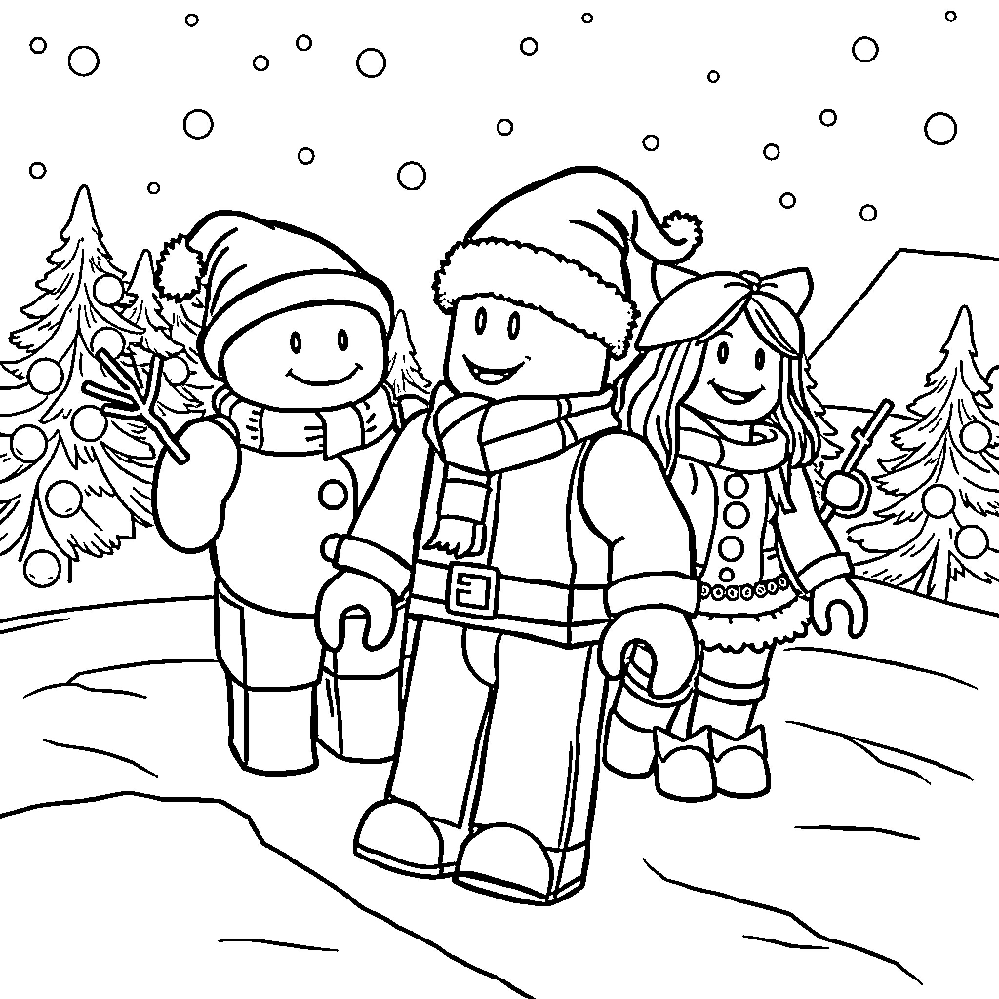 Christmas Fun with Friends in the Snowy Wonderland Coloring Page (free black-and-white line drawing printable PDF for all, from beginners to advanced learners, including children, teens, adults, and seniors)