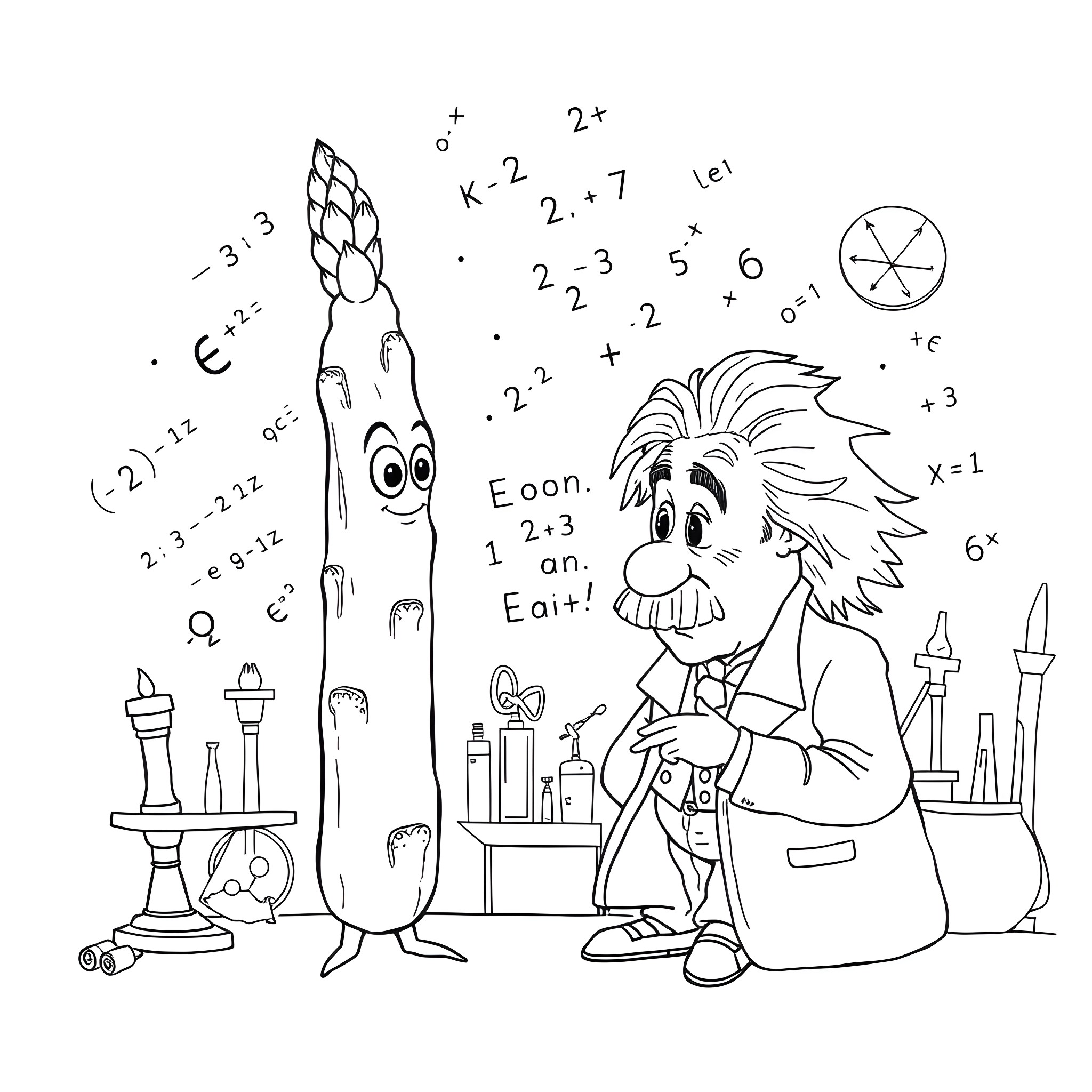Asparagus scientist working on mathematical equations Coloring Page (free black-and-white line drawing printable PDF for all, from beginners to advanced learners, including children, teens, adults, and seniors)