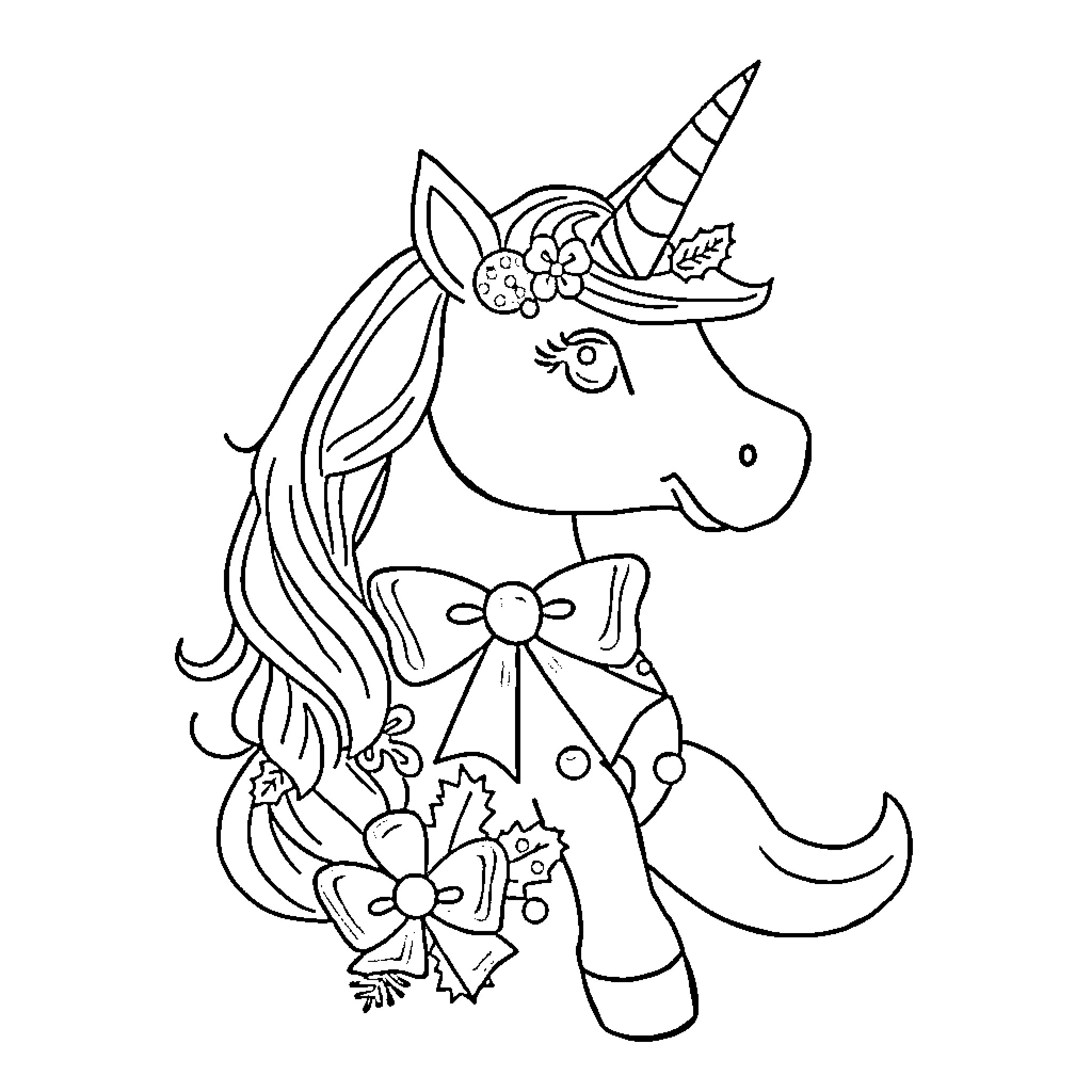 Unicorn with floral crown and bow adorned Coloring Page (free black-and-white line drawing printable PDF for all, from beginners to advanced learners, including children, teens, adults, and seniors)