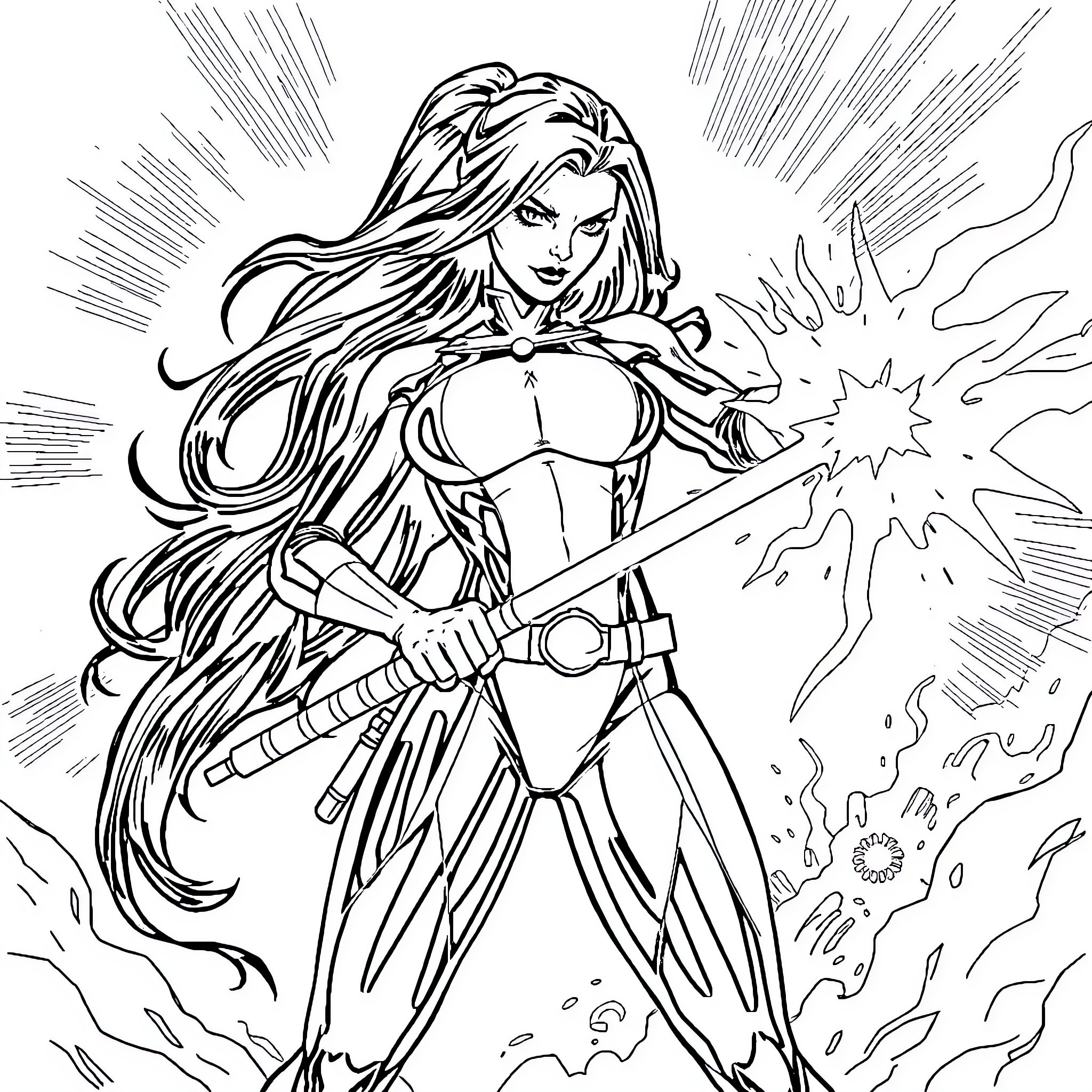 Psylocke in Action-Packed Heroic Pose Coloring Page (free black-and-white line drawing printable PDF for all, from beginners to advanced learners, including children, teens, adults, and seniors)