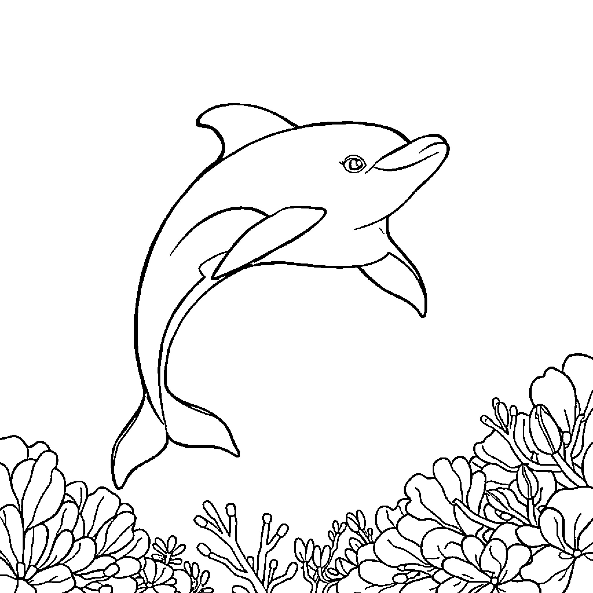 Dolphin swimming through coral reef Coloring Page (free black-and-white line drawing printable PDF for all, from beginners to advanced learners, including children, teens, adults, and seniors)