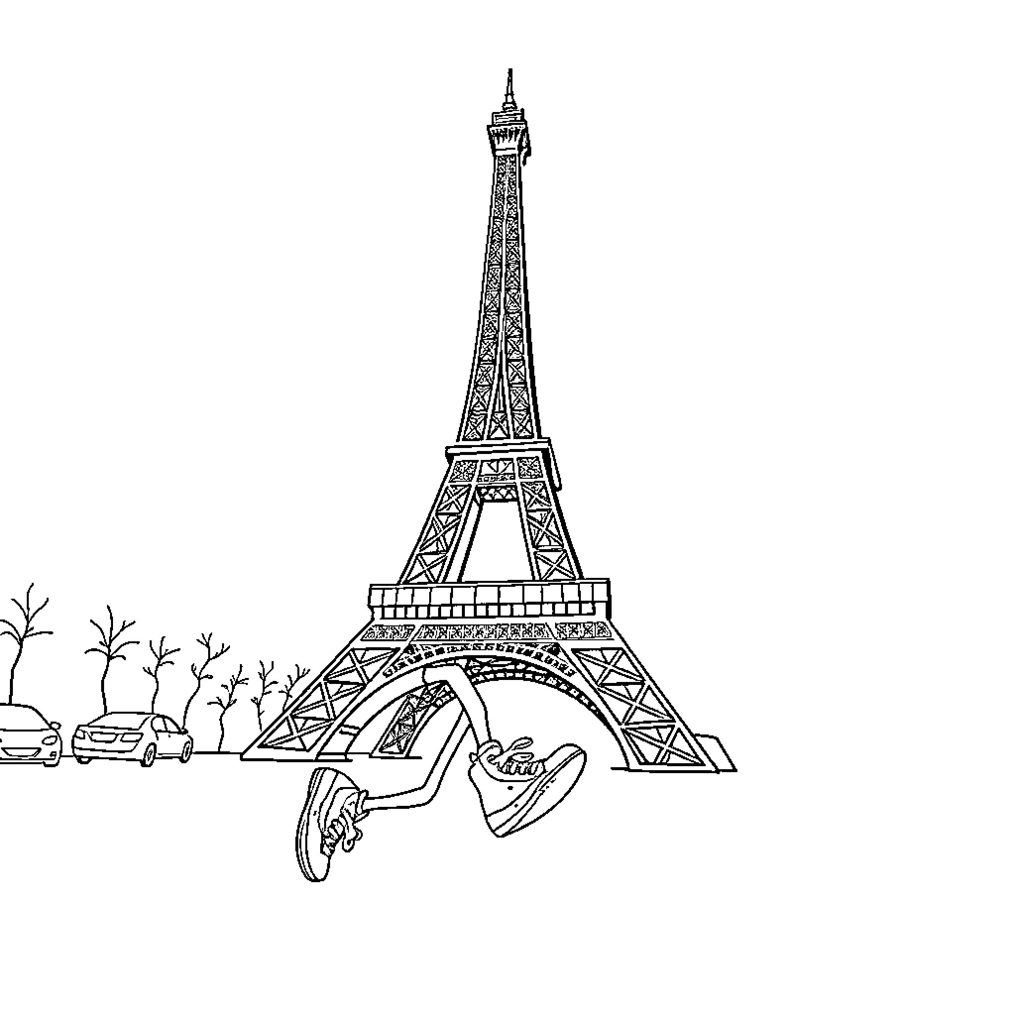 Eiffel Tower and Acrobatic Performance Coloring Page (free black-and-white line drawing printable PDF for all, from beginners to advanced learners, including children, teens, adults, and seniors)