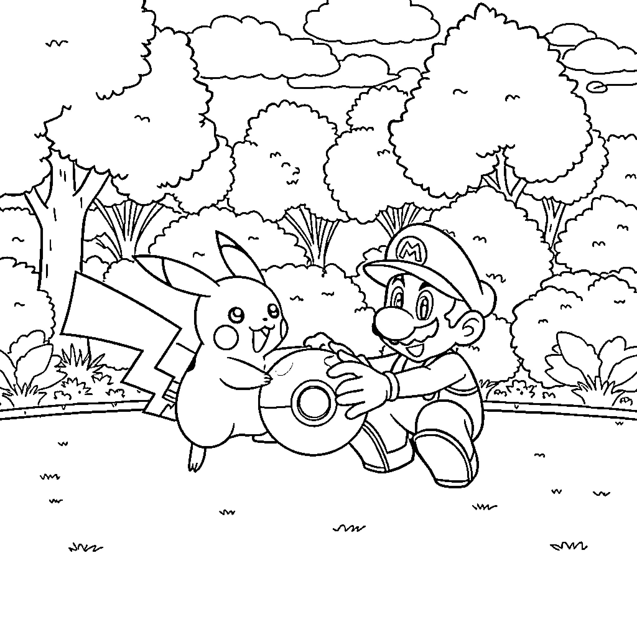 Pikachu Happily Catching Mushrooms with Mario Coloring Page (free black-and-white line drawing printable PDF for all, from beginners to advanced learners, including children, teens, adults, and seniors)