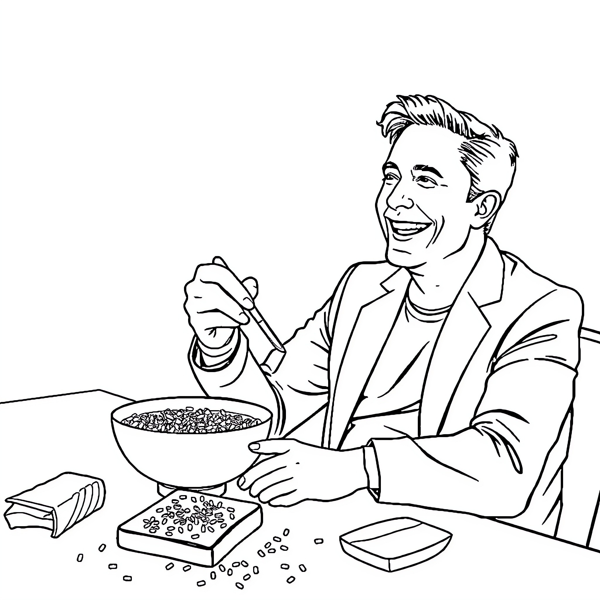 Elon Musk Enjoying a Snack Coloring Page (free black-and-white line drawing printable PDF for all, from beginners to advanced learners, including children, teens, adults, and seniors)