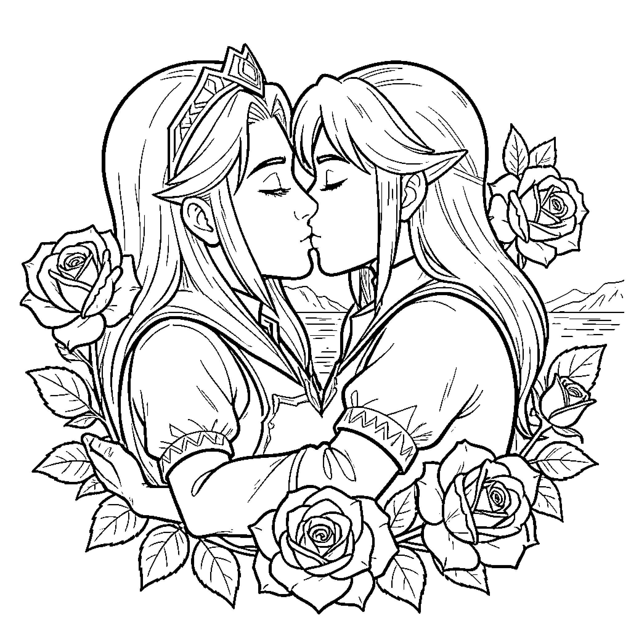 Link and Zelda sharing a romantic kiss surrounded by roses Coloring Page (free black-and-white line drawing printable PDF for all, from beginners to advanced learners, including children, teens, adults, and seniors)
