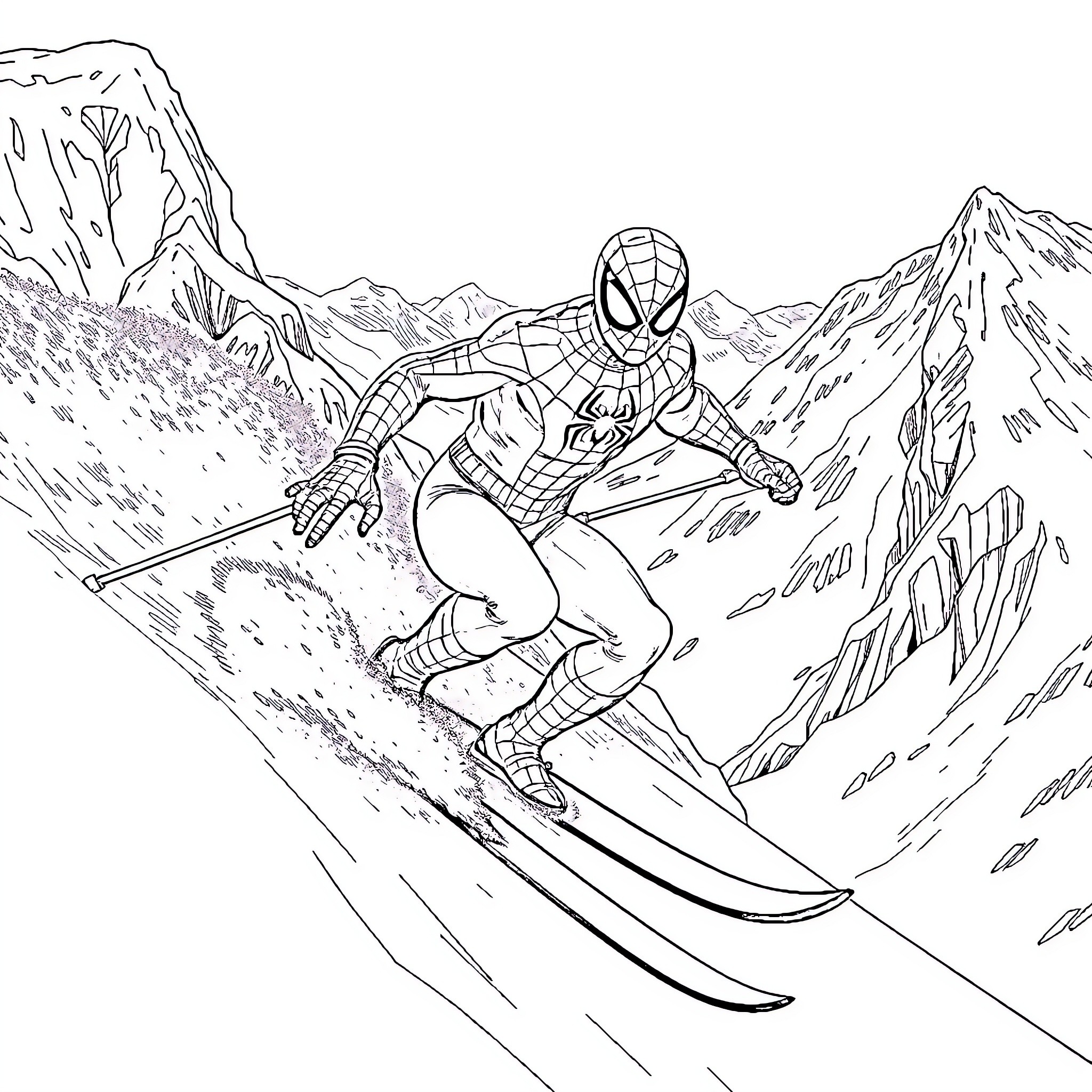 Spiderman skiing down snowy mountains Coloring Page (free black-and-white line drawing printable PDF for all, from beginners to advanced learners, including children, teens, adults, and seniors)