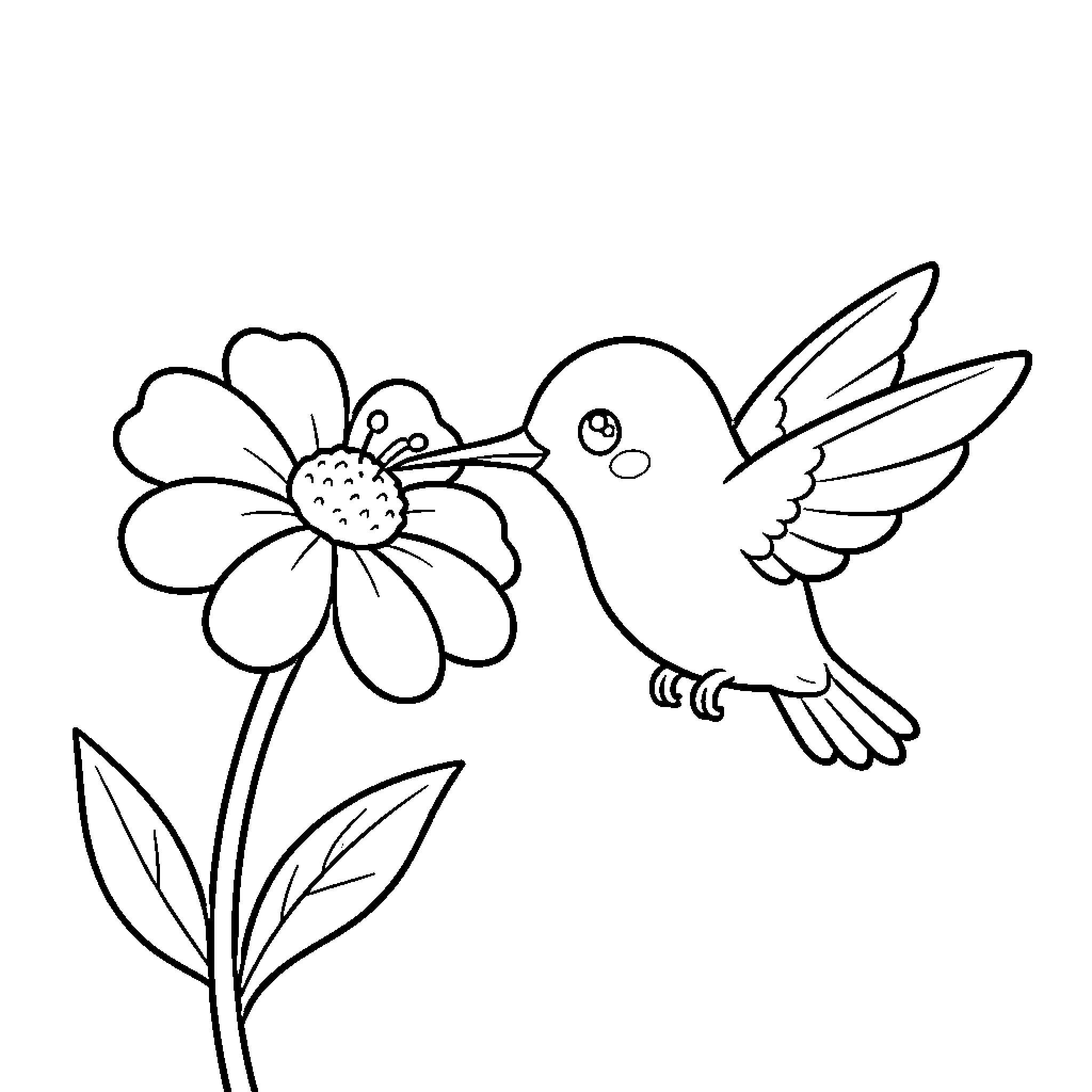 Hummingbird hovering near a flower Coloring Page (free black-and-white line drawing printable PDF for all, from beginners to advanced learners, including children, teens, adults, and seniors)