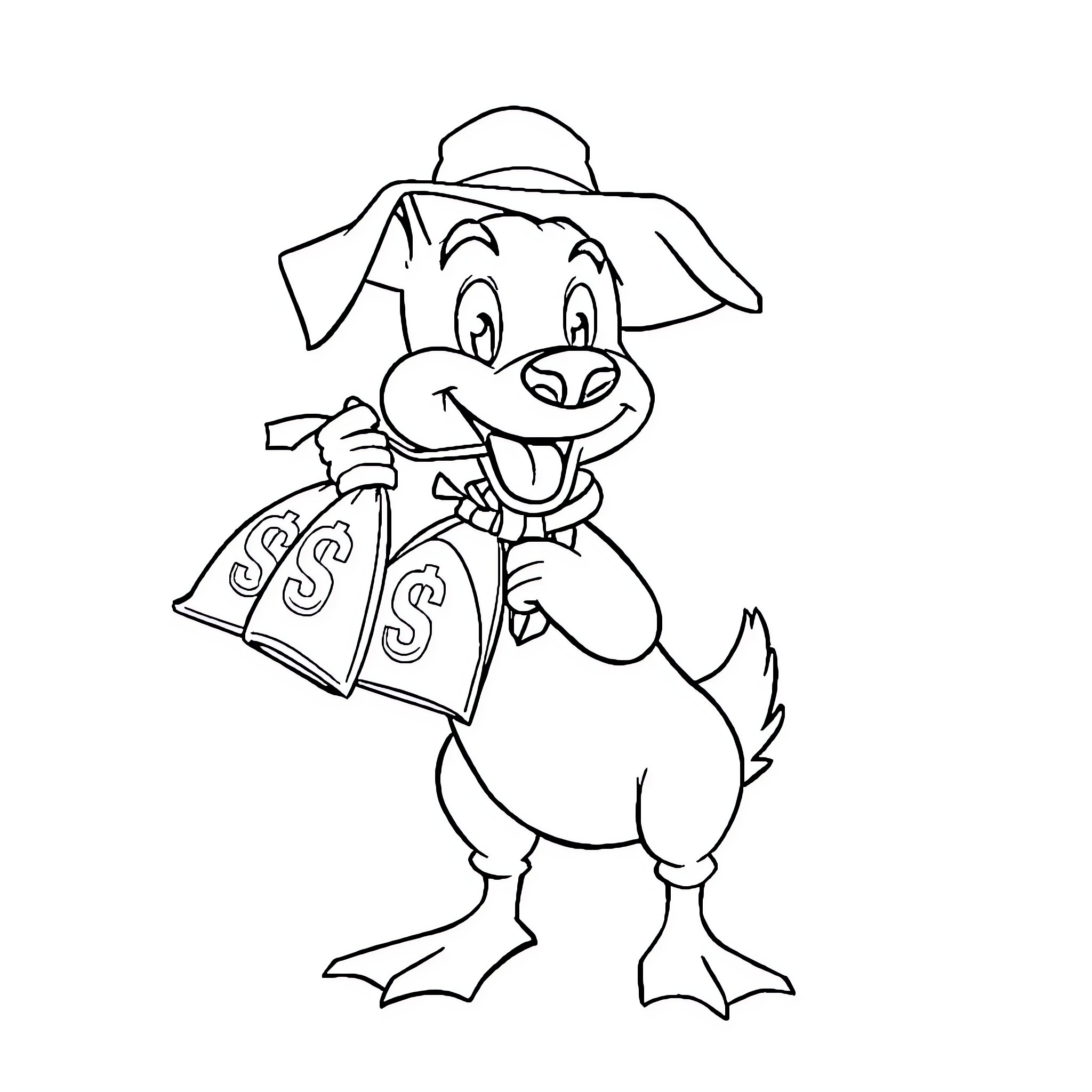 Duck Hunt Dog carrying money bags in cartoon style Coloring Page (free black-and-white line drawing printable PDF for all, from beginners to advanced learners, including children, teens, adults, and seniors)
