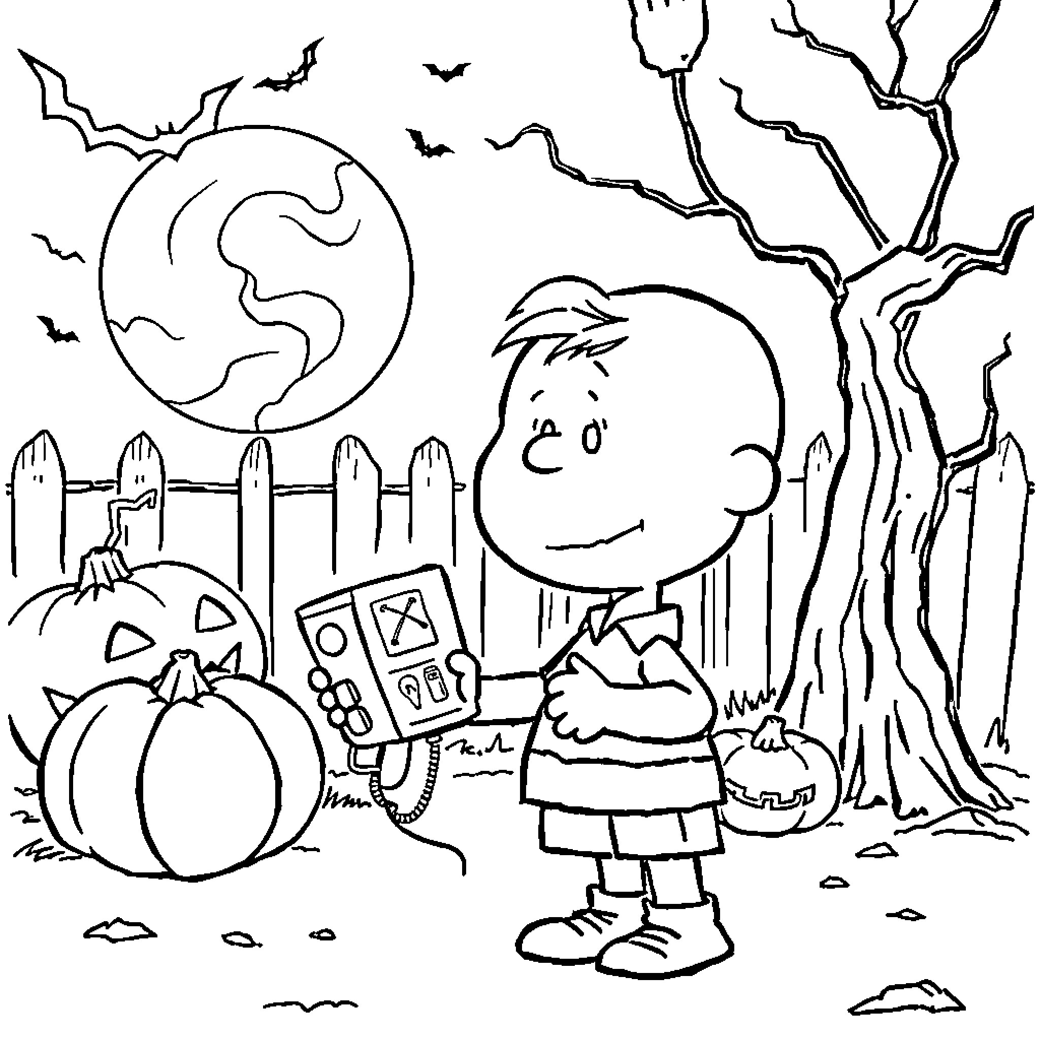 Charlie Brown trick-or-treating on Halloween night Coloring Page (free black-and-white line drawing printable PDF for all, from beginners to advanced learners, including children, teens, adults, and seniors)