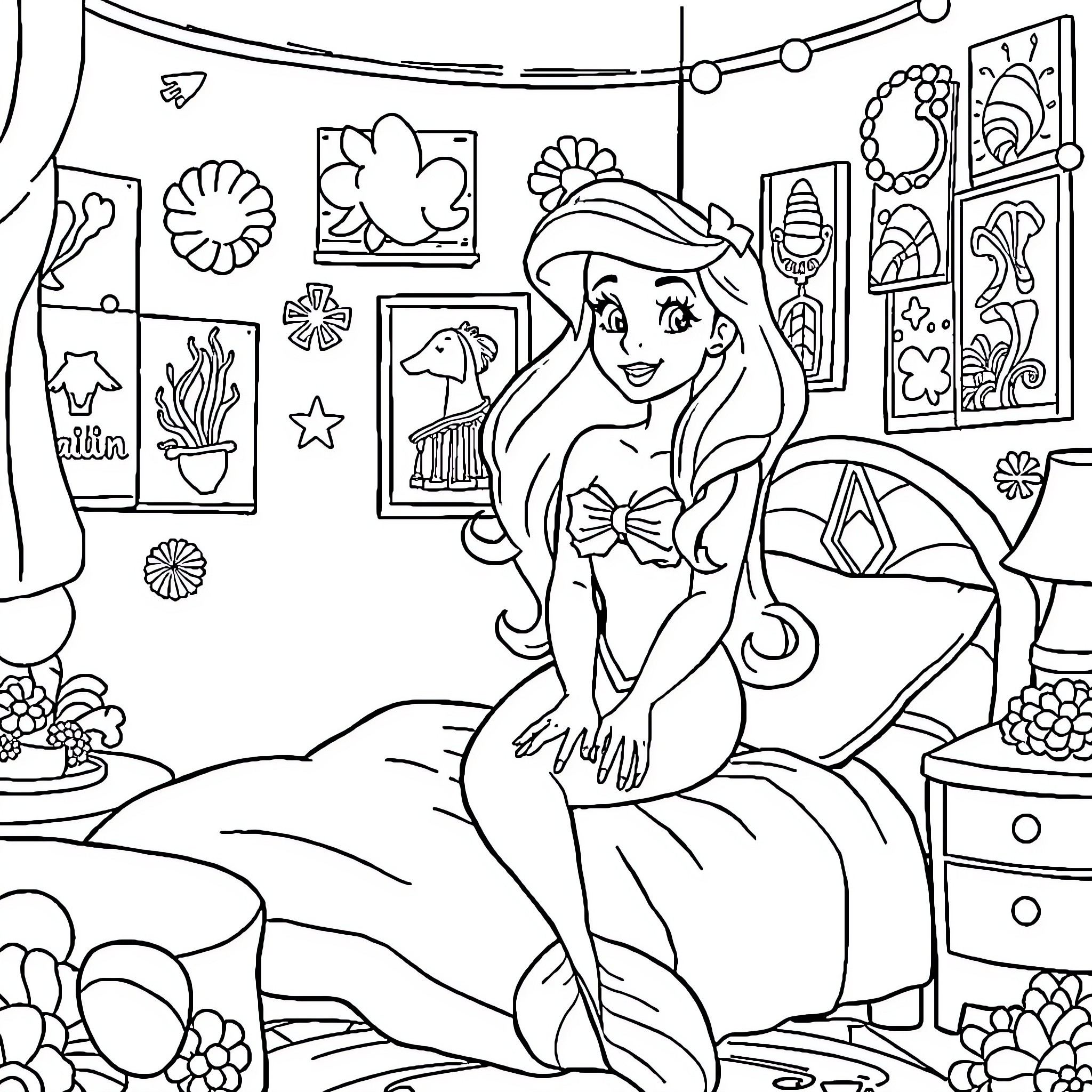 Ariel in her Underwater Bedroom Coloring Page (free black-and-white line drawing printable PDF for all, from beginners to advanced learners, including children, teens, adults, and seniors)