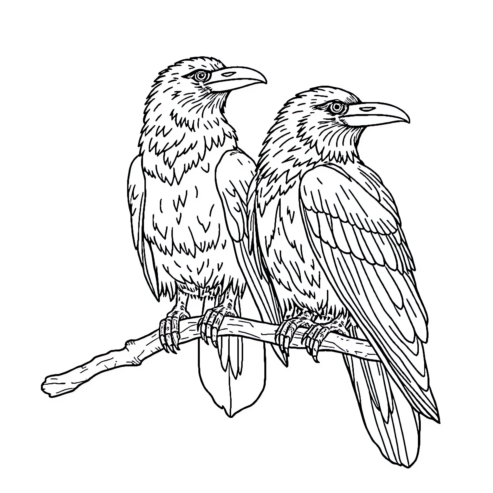 Huginn and Muninn - two ravens perched on a branch Coloring Page (free black-and-white line drawing printable PDF for all, from beginners to advanced learners, including children, teens, adults, and seniors)