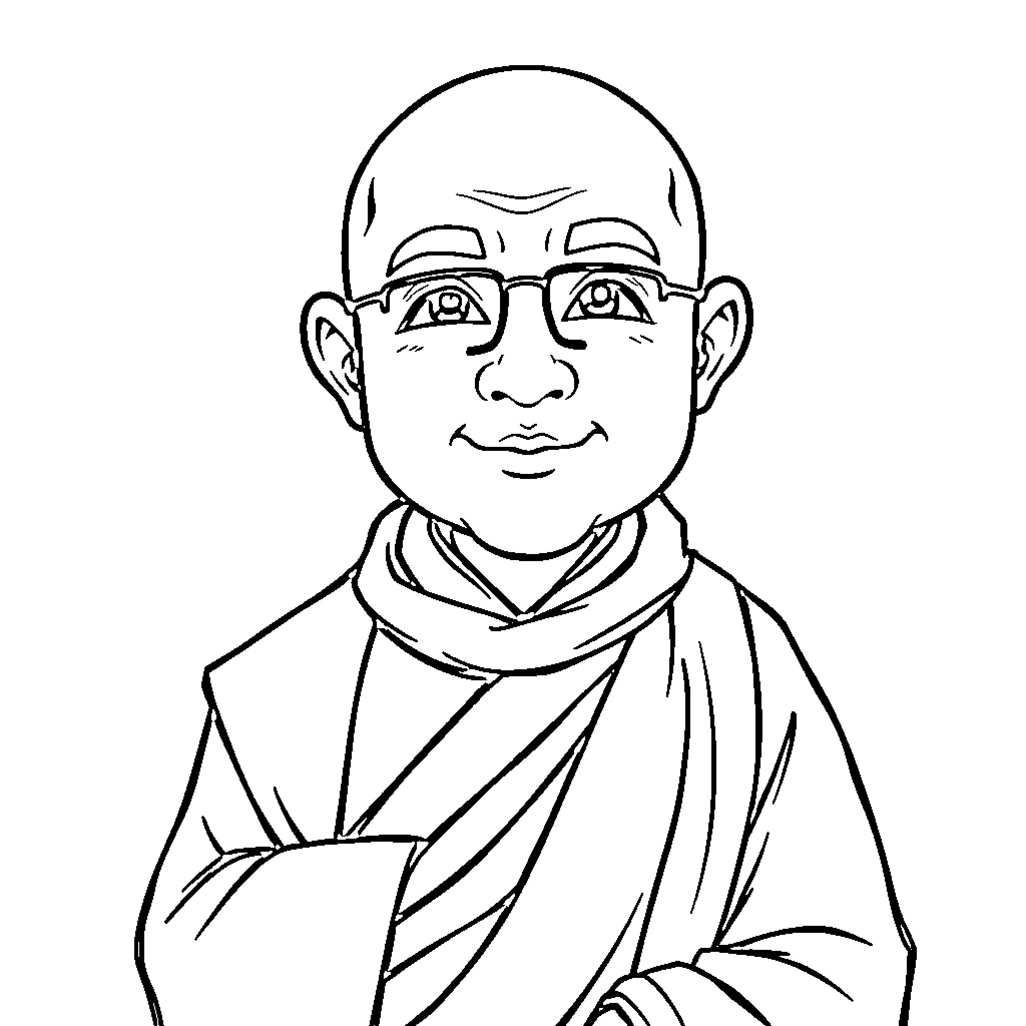 Tenzin the Smiling Monk in Robes Coloring Page (free black-and-white line drawing printable PDF for all, from beginners to advanced learners, including children, teens, adults, and seniors)