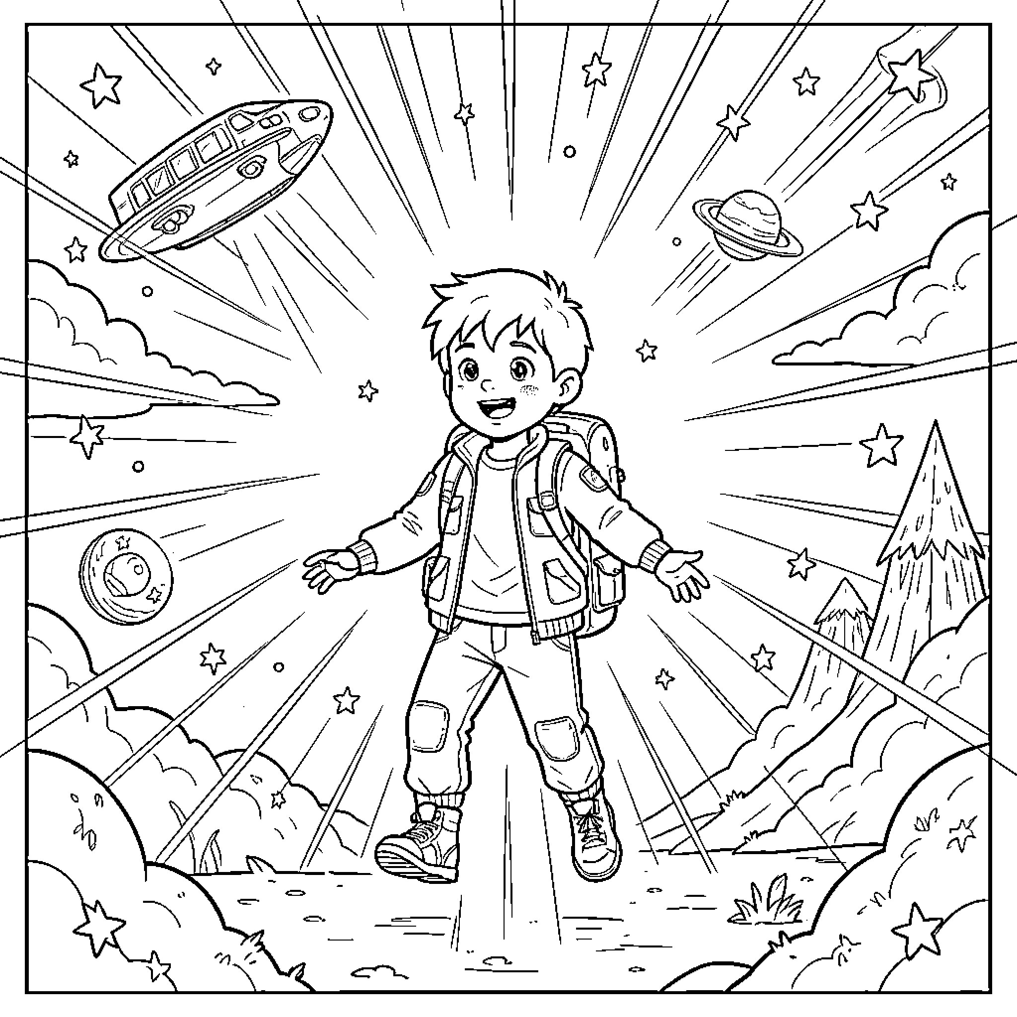 Child exploring the wonders of outer space Coloring Page (free black-and-white line drawing printable PDF for all, from beginners to advanced learners, including children, teens, adults, and seniors)