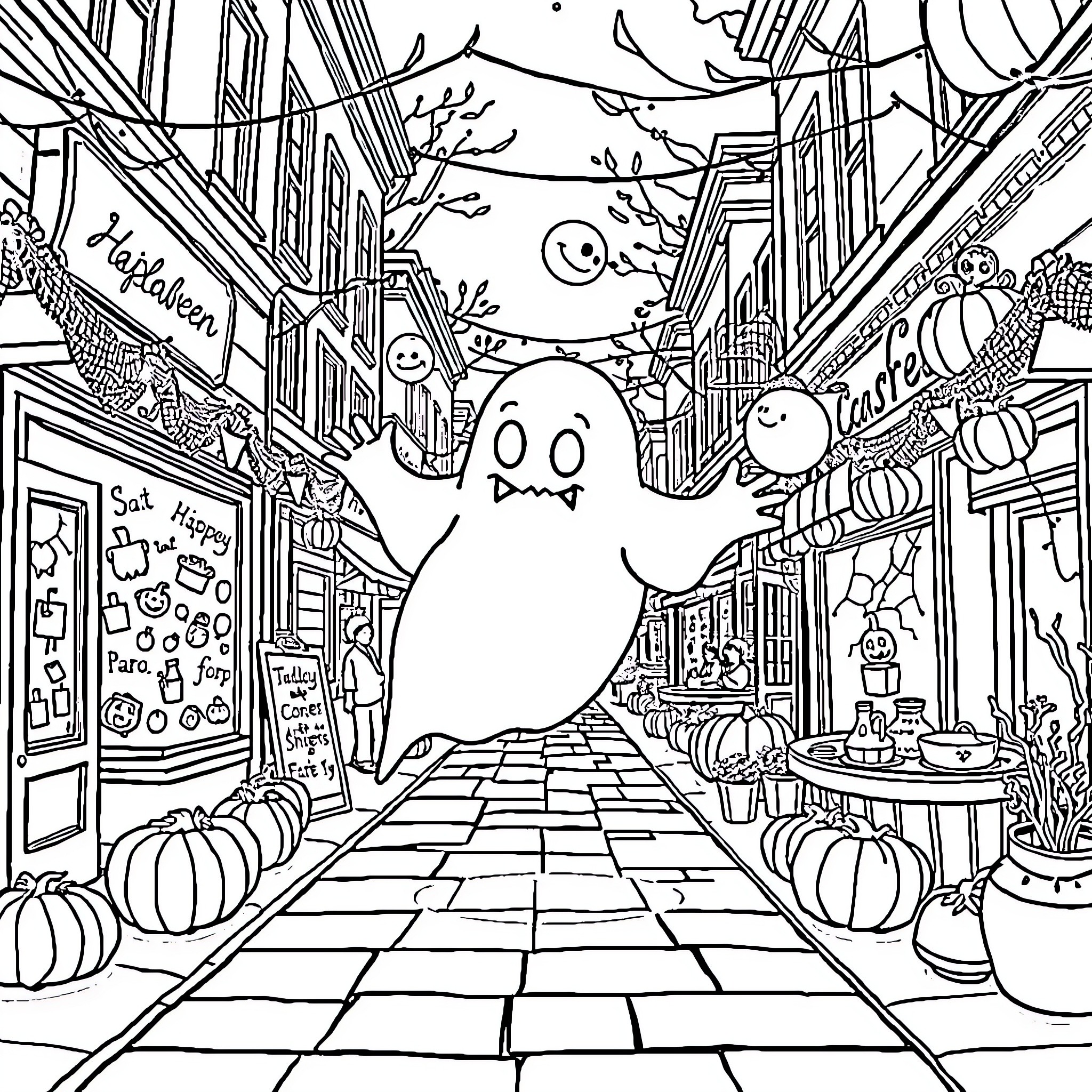 Ghost Wandering Through Spooky Halloween Street Scene Coloring Page (free black-and-white line drawing printable PDF for all, from beginners to advanced learners, including children, teens, adults, and seniors)