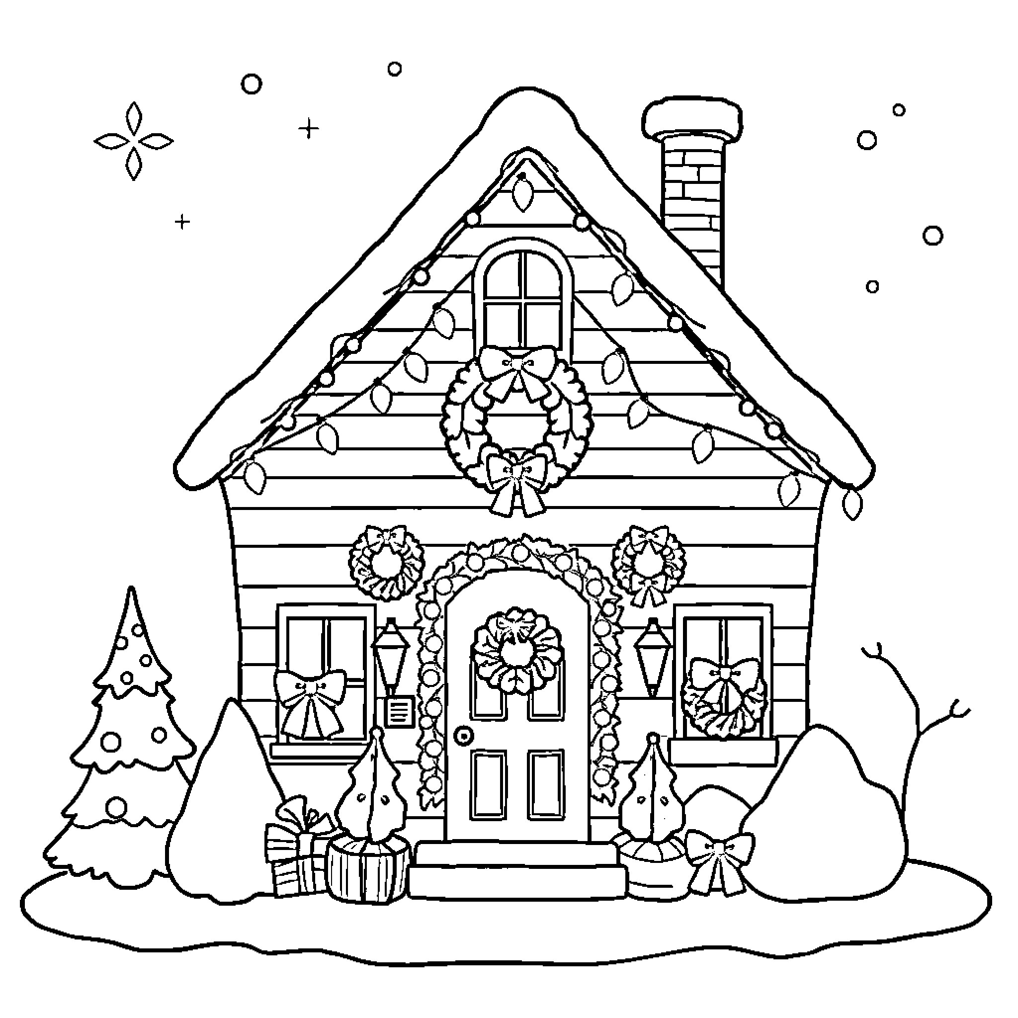 House decorated with holiday wreaths and gifts Coloring Page (free black-and-white line drawing printable PDF for all, from beginners to advanced learners, including children, teens, adults, and seniors)