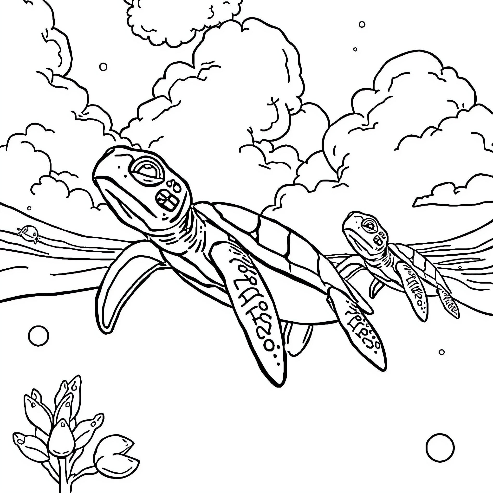 Turtle soaring through the clouds Coloring Page (free black-and-white line drawing printable PDF for all, from beginners to advanced learners, including children, teens, adults, and seniors)