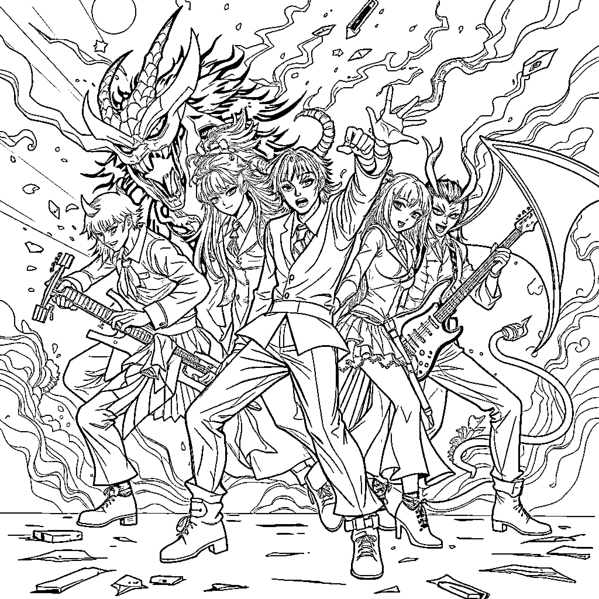 Demon Warriors Battling with Fierce Determination Coloring Page (free black-and-white line drawing printable PDF for all, from beginners to advanced learners, including children, teens, adults, and seniors)