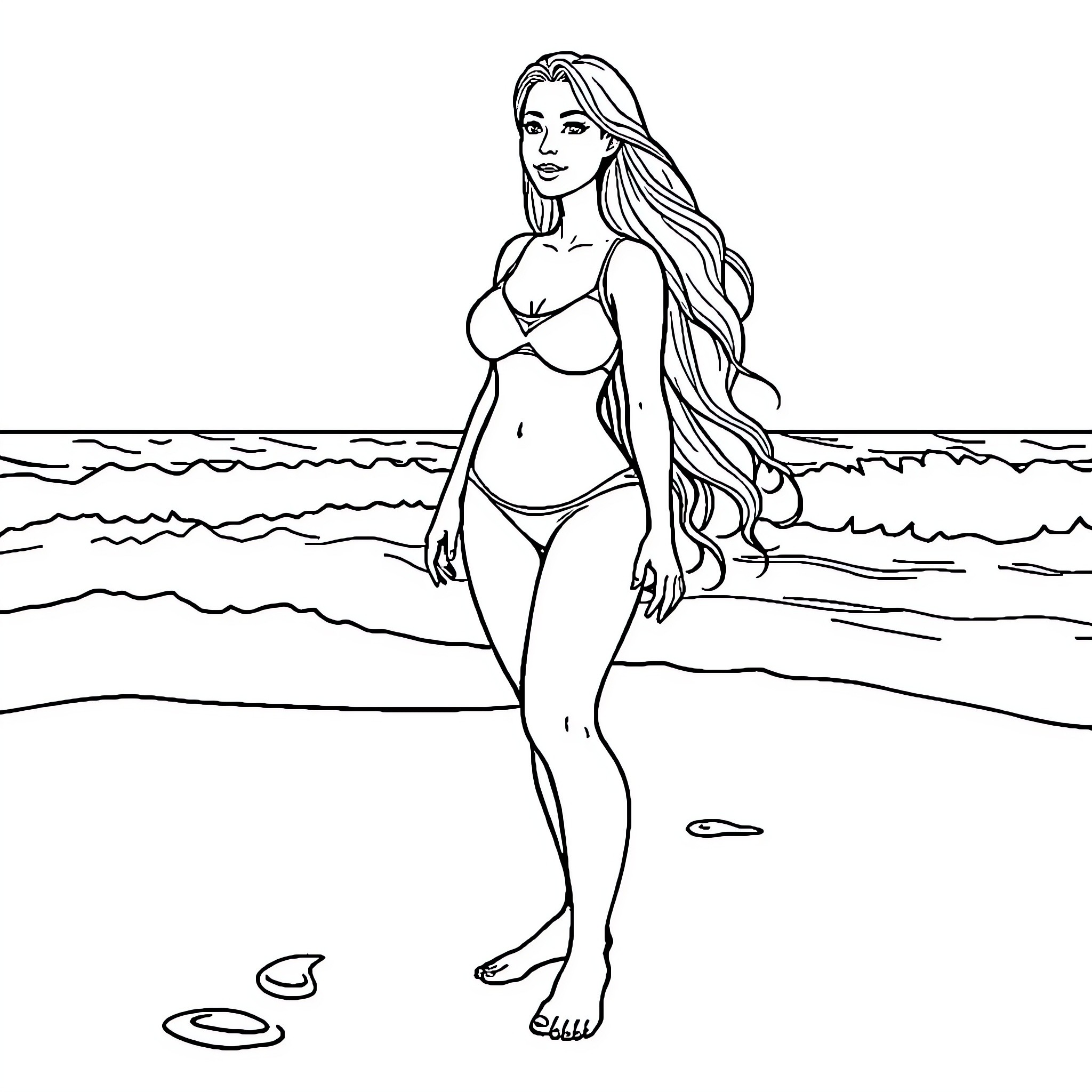 Angela relaxing on the beach Coloring Page (free black-and-white line drawing printable PDF for all, from beginners to advanced learners, including children, teens, adults, and seniors)