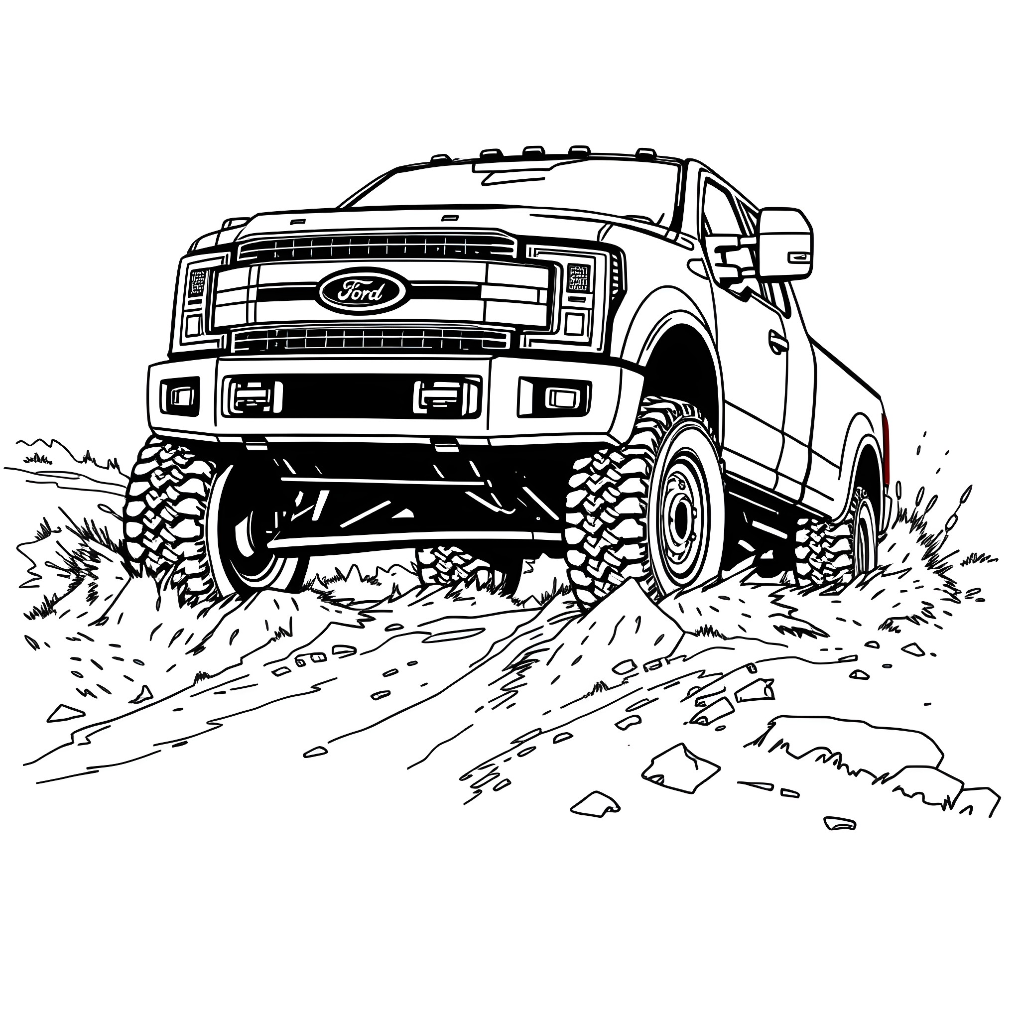Truck traversing rugged terrain Coloring Page (free black-and-white line drawing printable PDF for all, from beginners to advanced learners, including children, teens, adults, and seniors)