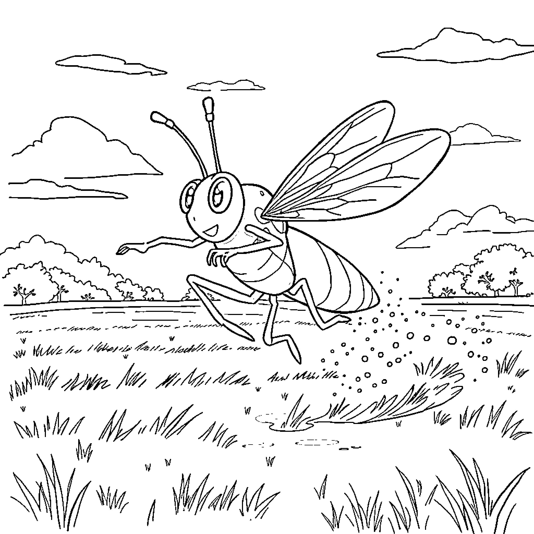Crop Hopper leaps in the countryside scene Coloring Page (free black-and-white line drawing printable PDF for all, from beginners to advanced learners, including children, teens, adults, and seniors)