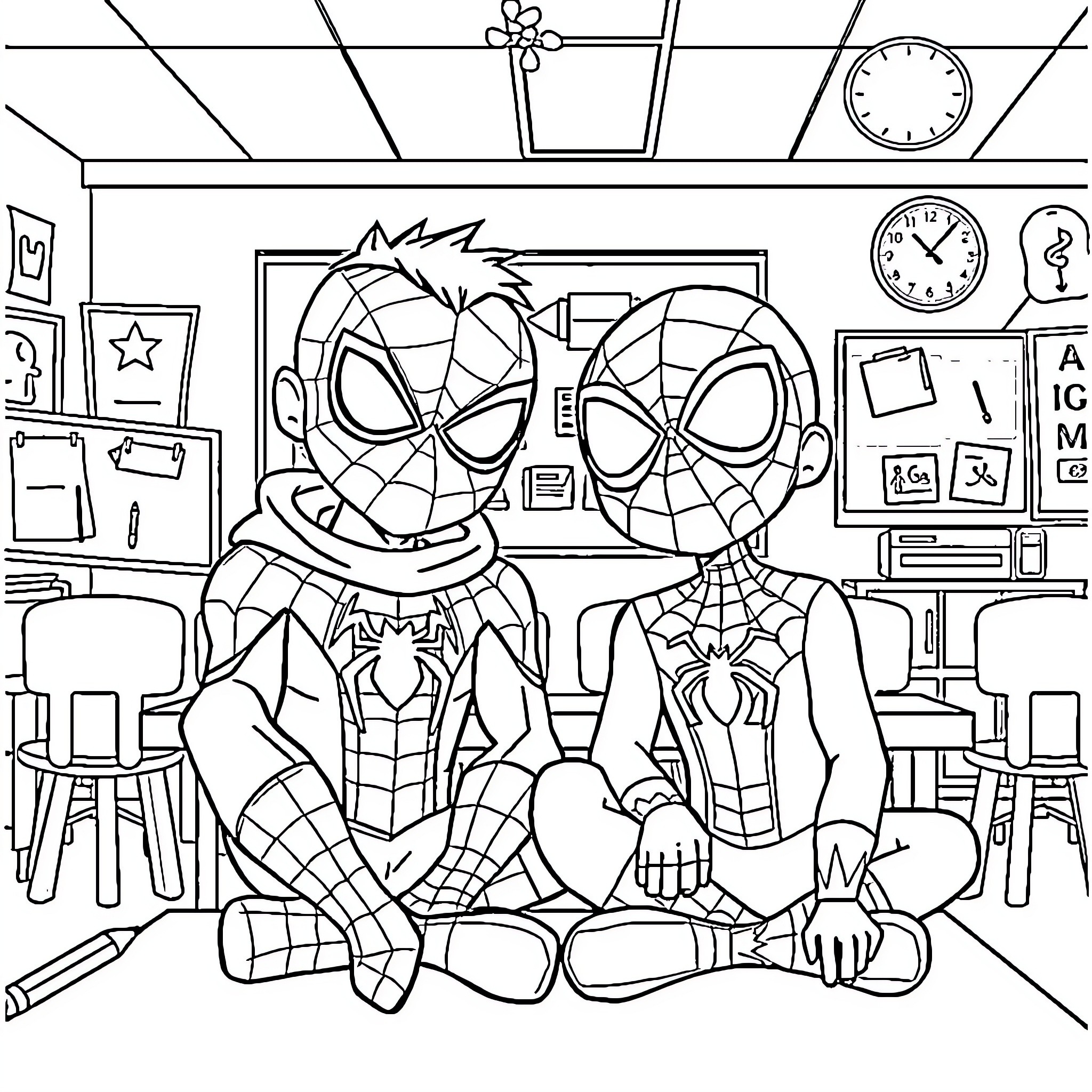 Bluey and Spider-Man Explore the Classroom Adventure Coloring Page (free black-and-white line drawing printable PDF for all, from beginners to advanced learners, including children, teens, adults, and seniors)
