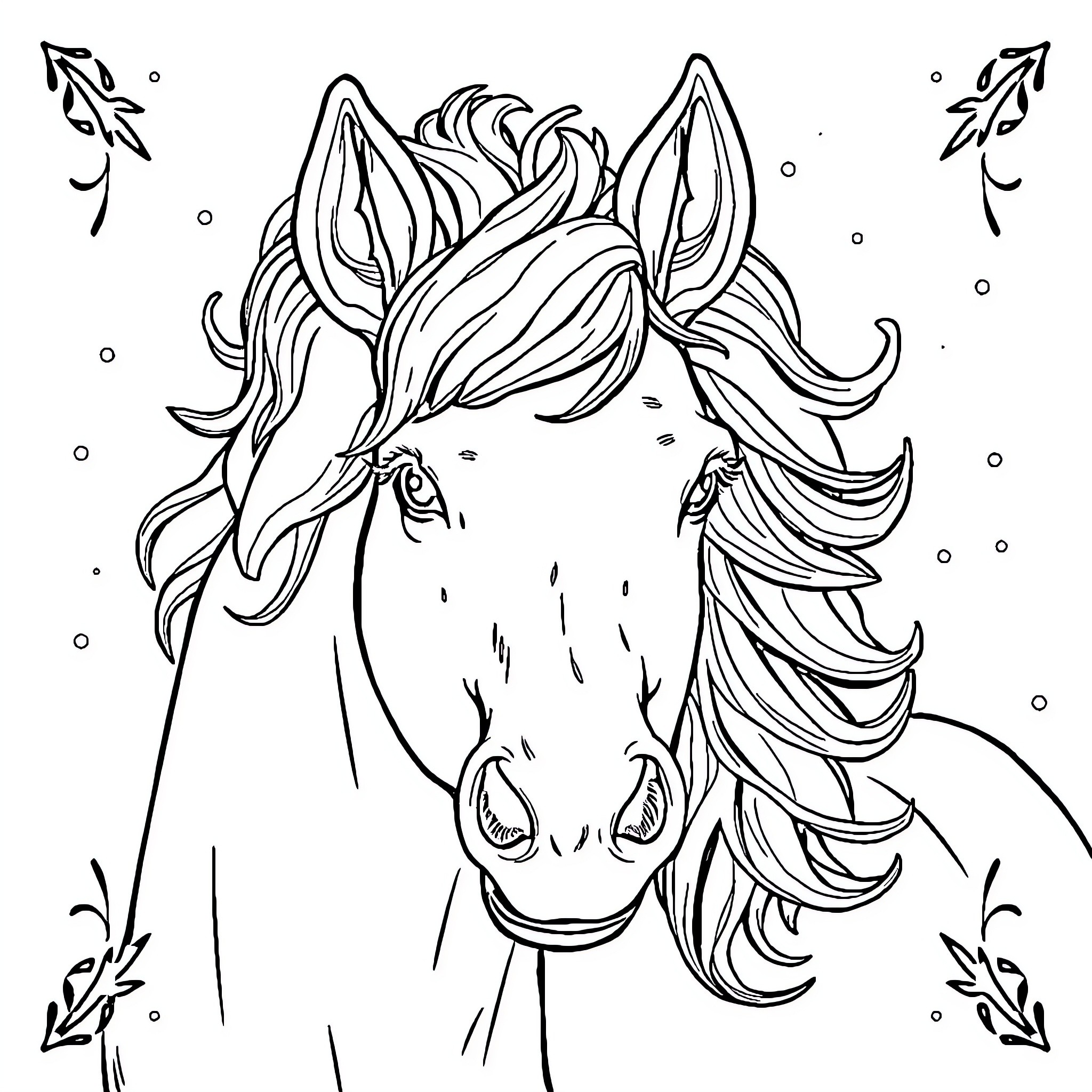 Bebe unicorn with flowing mane and ornamental flourishes Coloring Page (free black-and-white line drawing printable PDF for all, from beginners to advanced learners, including children, teens, adults, and seniors)