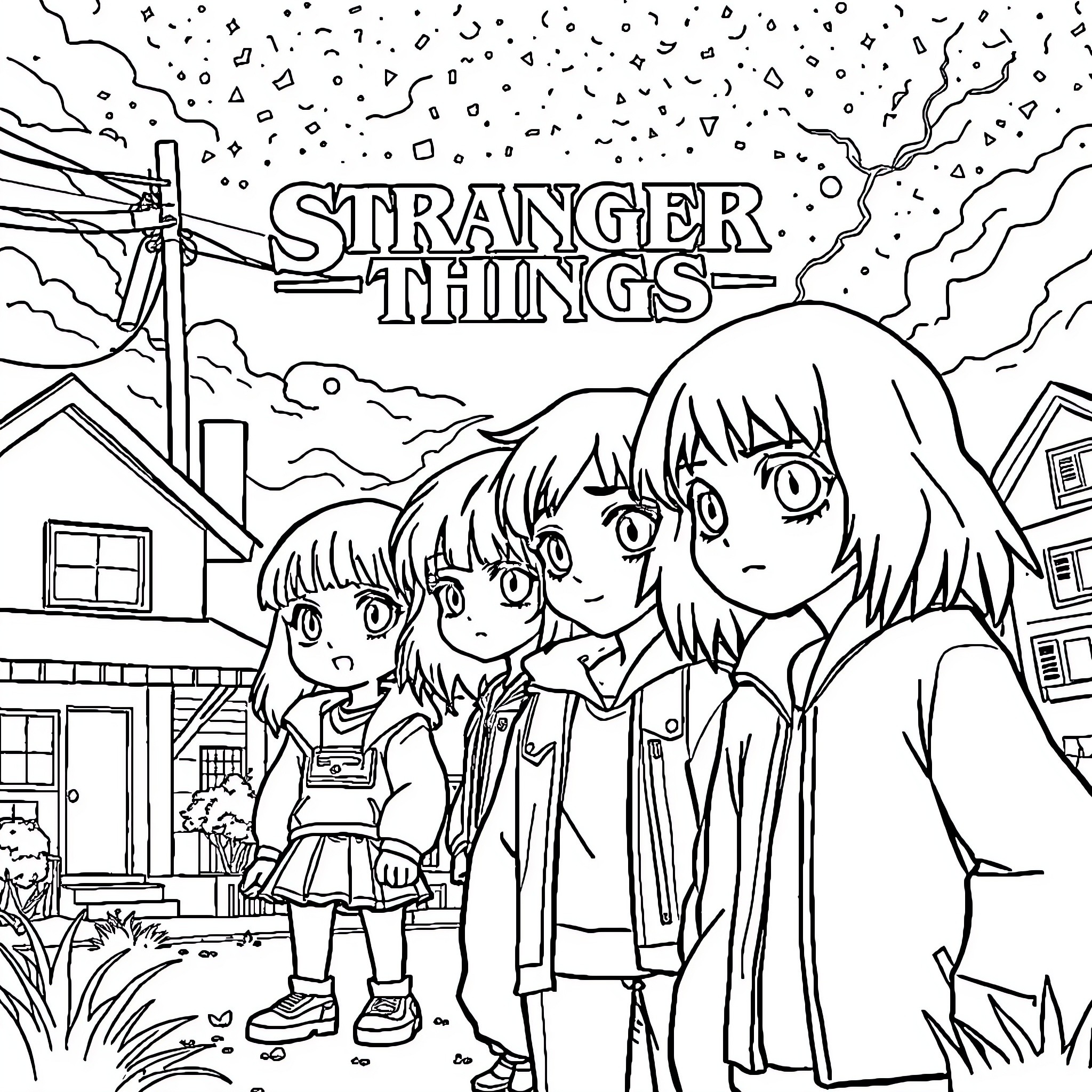 Anime Friends on a Stranger Things Adventure Coloring Page (free black-and-white line drawing printable PDF for all, from beginners to advanced learners, including children, teens, adults, and seniors)