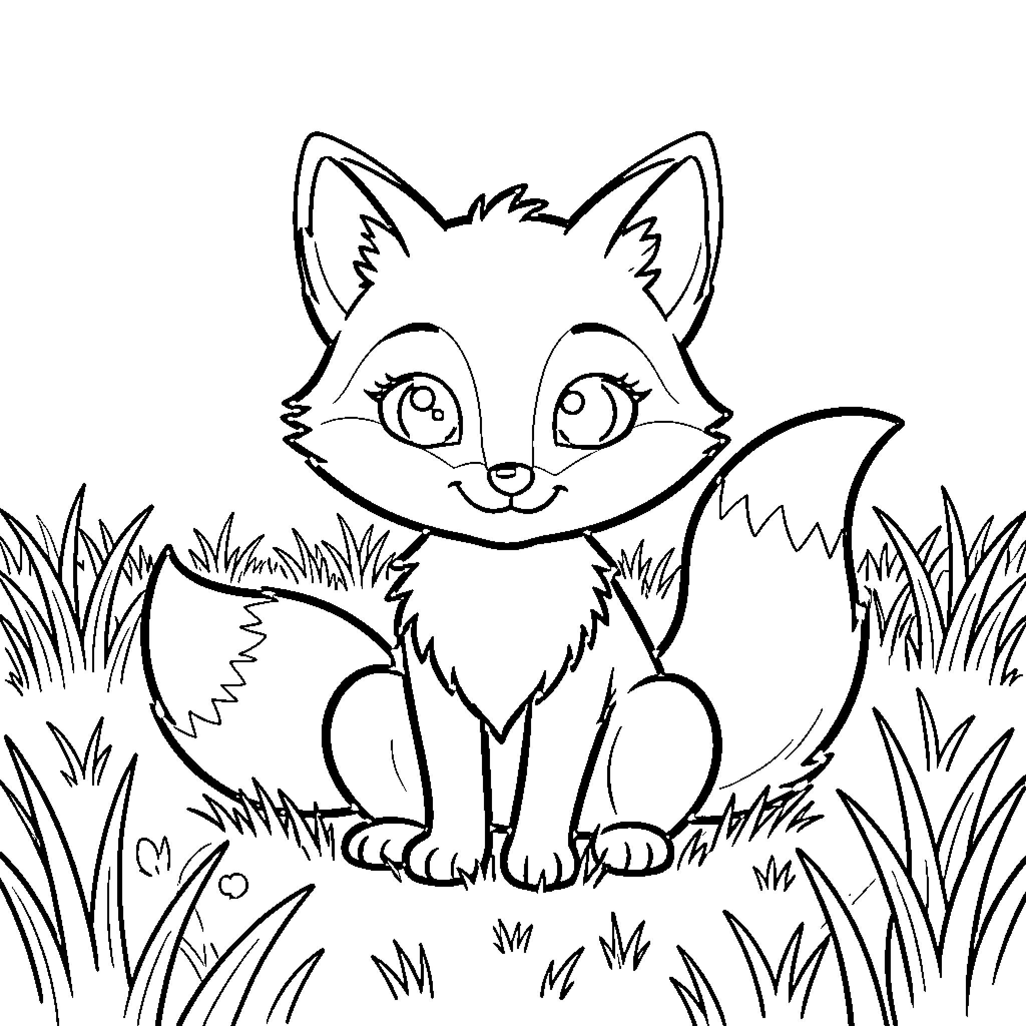 Fox sitting calmly in the tall grass Coloring Page (free black-and-white line drawing printable PDF for all, from beginners to advanced learners, including children, teens, adults, and seniors)
