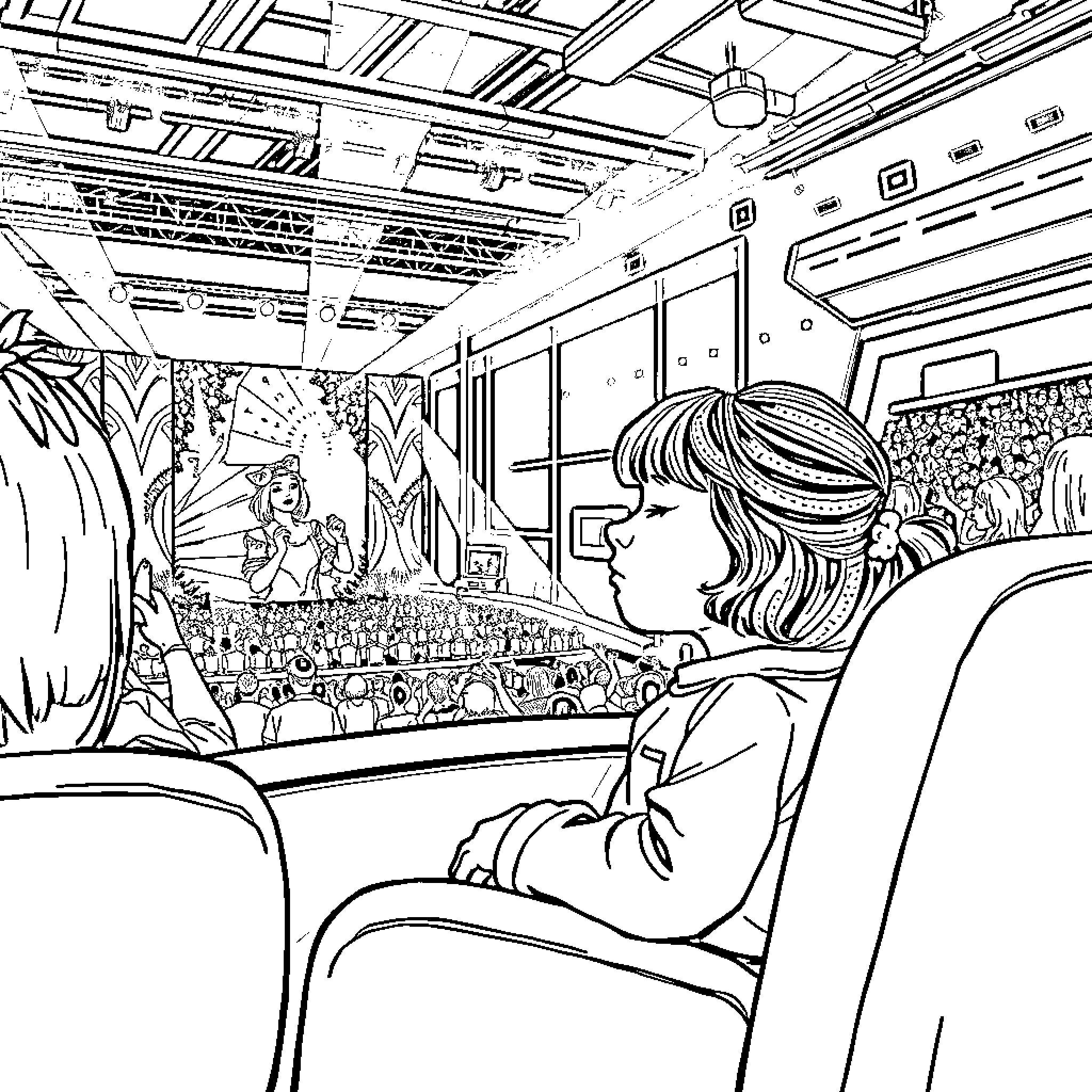 Girl watching a performance in an auditorium Coloring Page (free black-and-white line drawing printable PDF for all, from beginners to advanced learners, including children, teens, adults, and seniors)